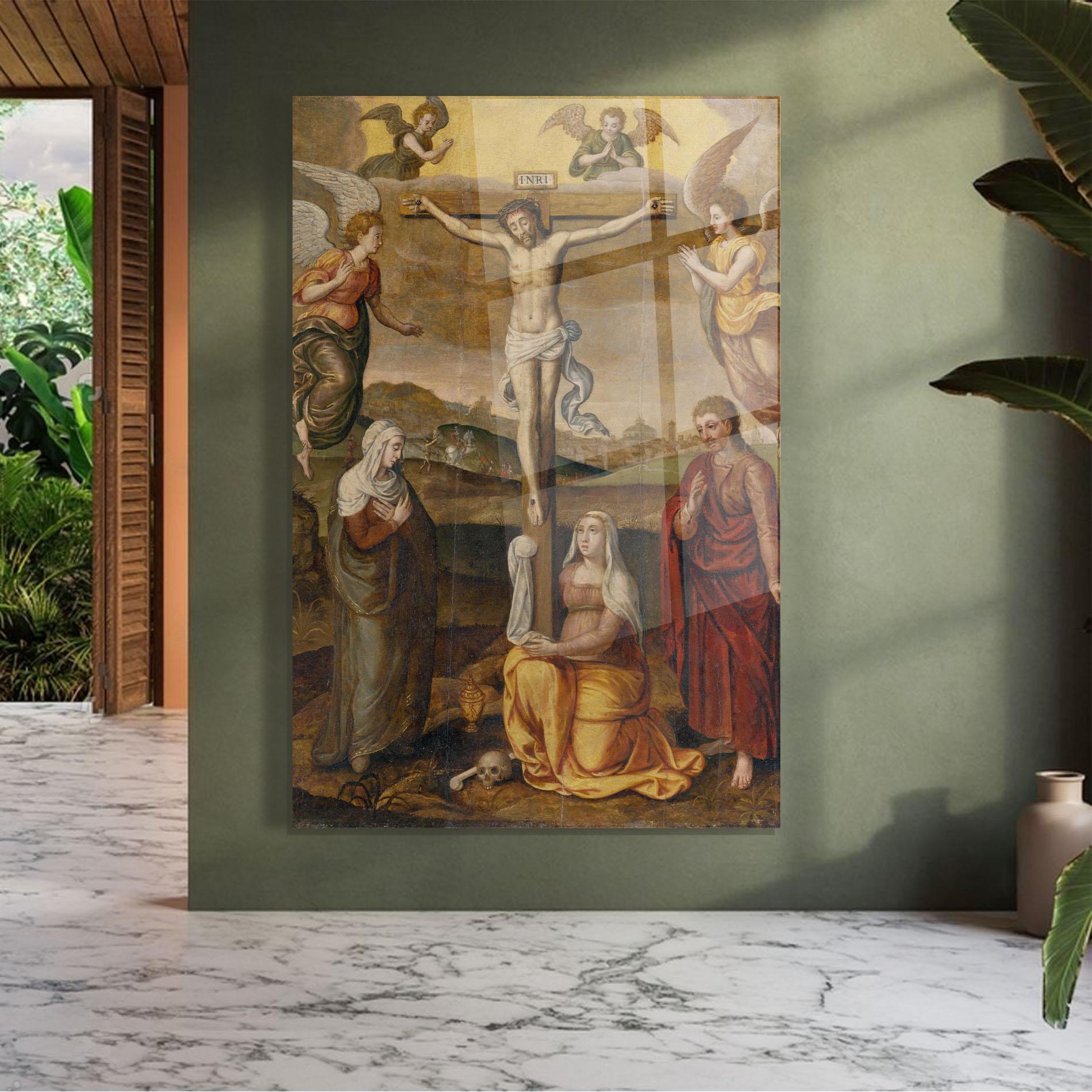 Tablou Sticla Holding Cross Jesus mockup 7