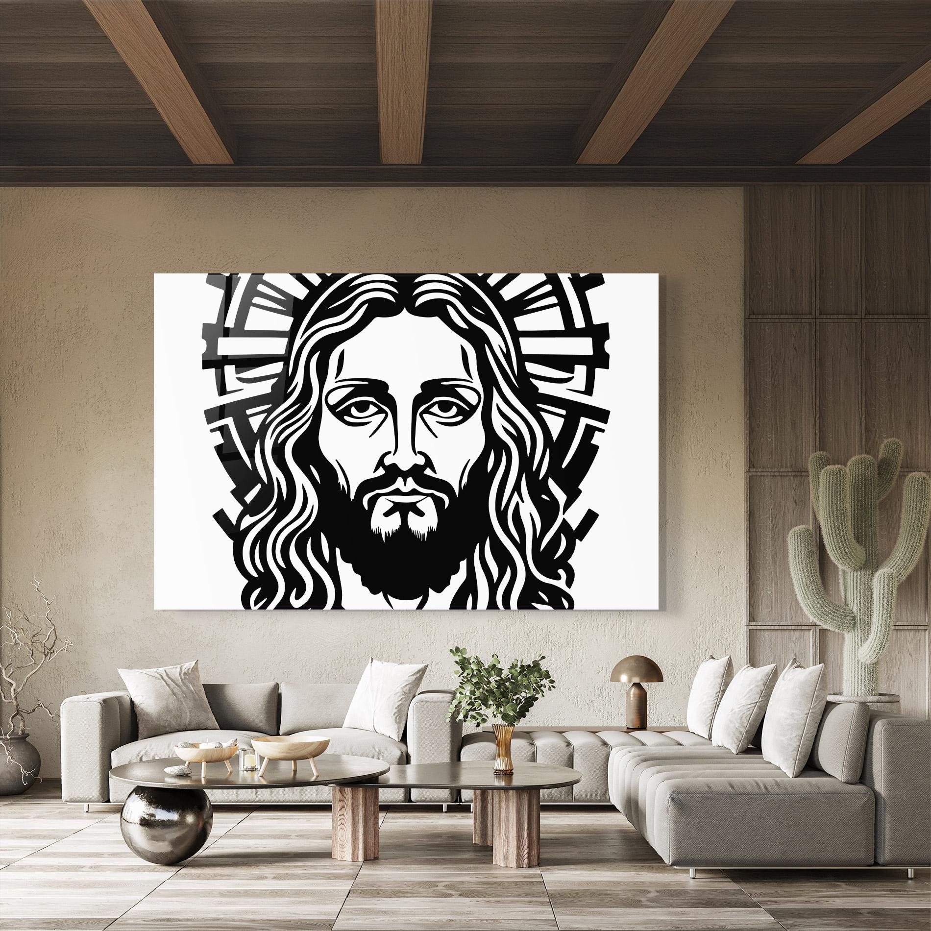 Tablou Sticla Black Line Jesus mockup 8