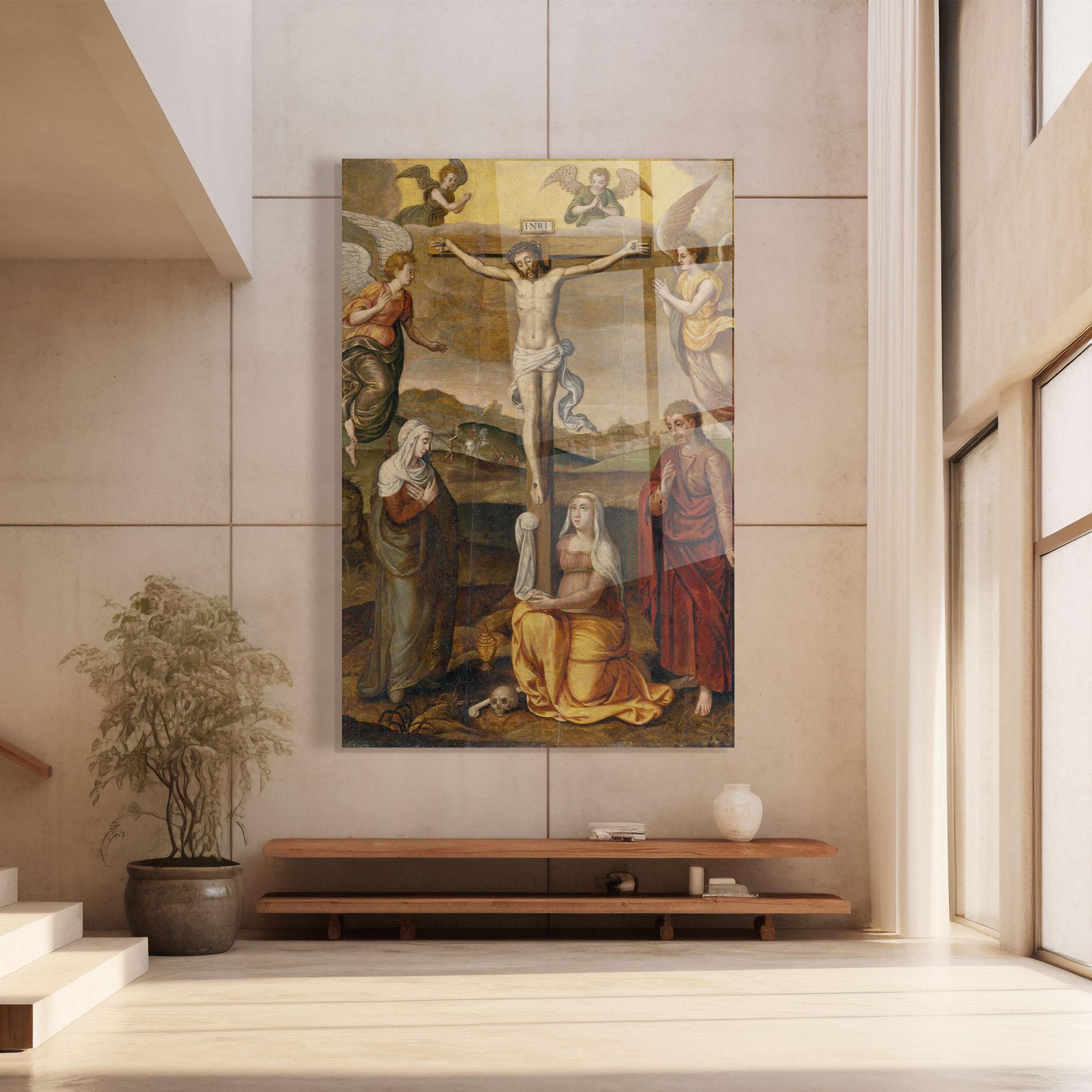 Tablou Sticla Holding Cross Jesus mockup 8