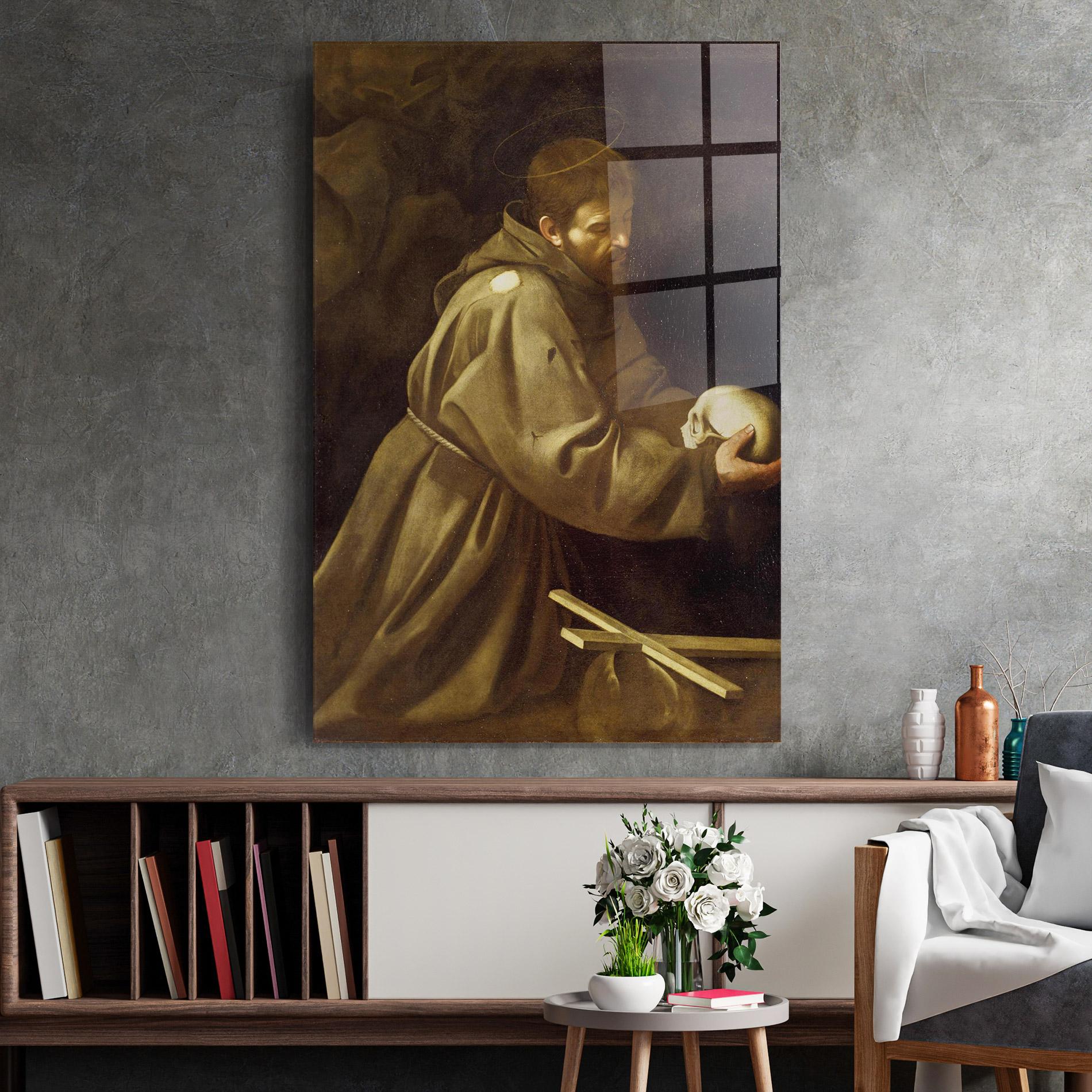 Tablou Sticla Caravaggio Francis Prayer mockup 2