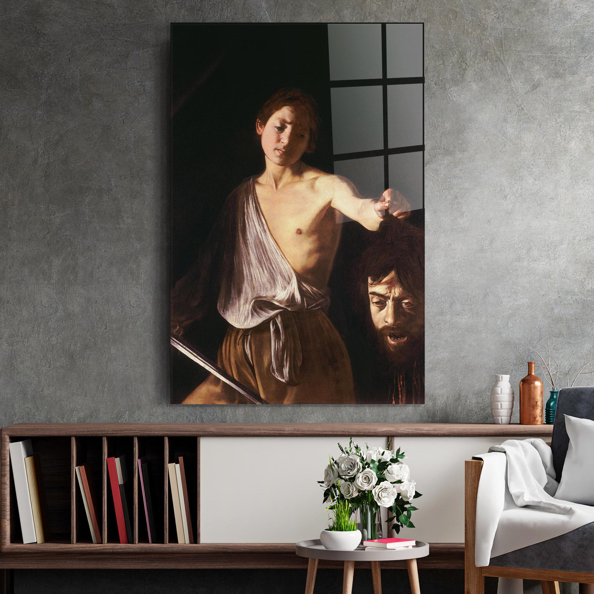 Tablou Sticla David With The Head Of Goliath mockup 2