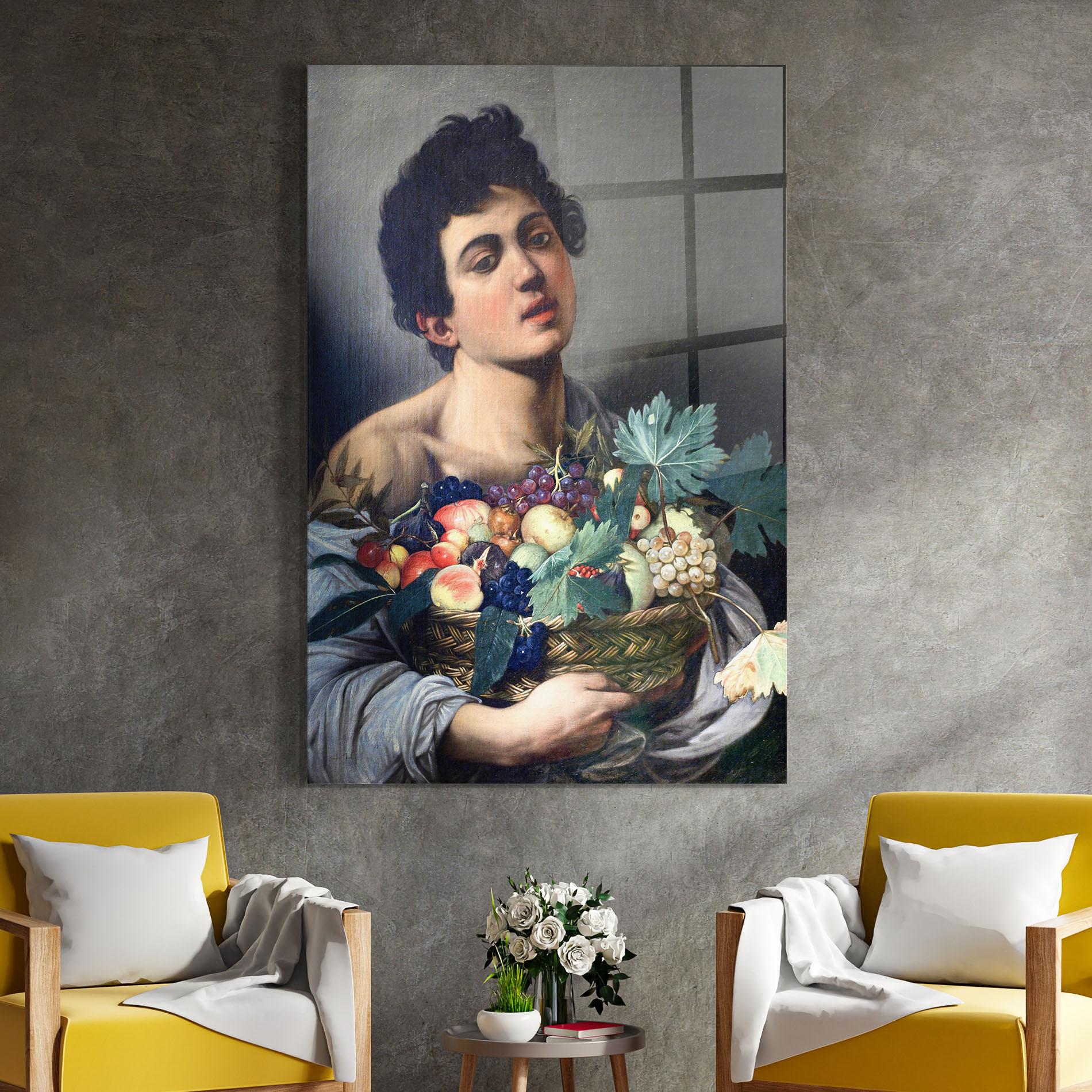 Tablou Sticla Boy With A Basket Of Fruit mockup 4