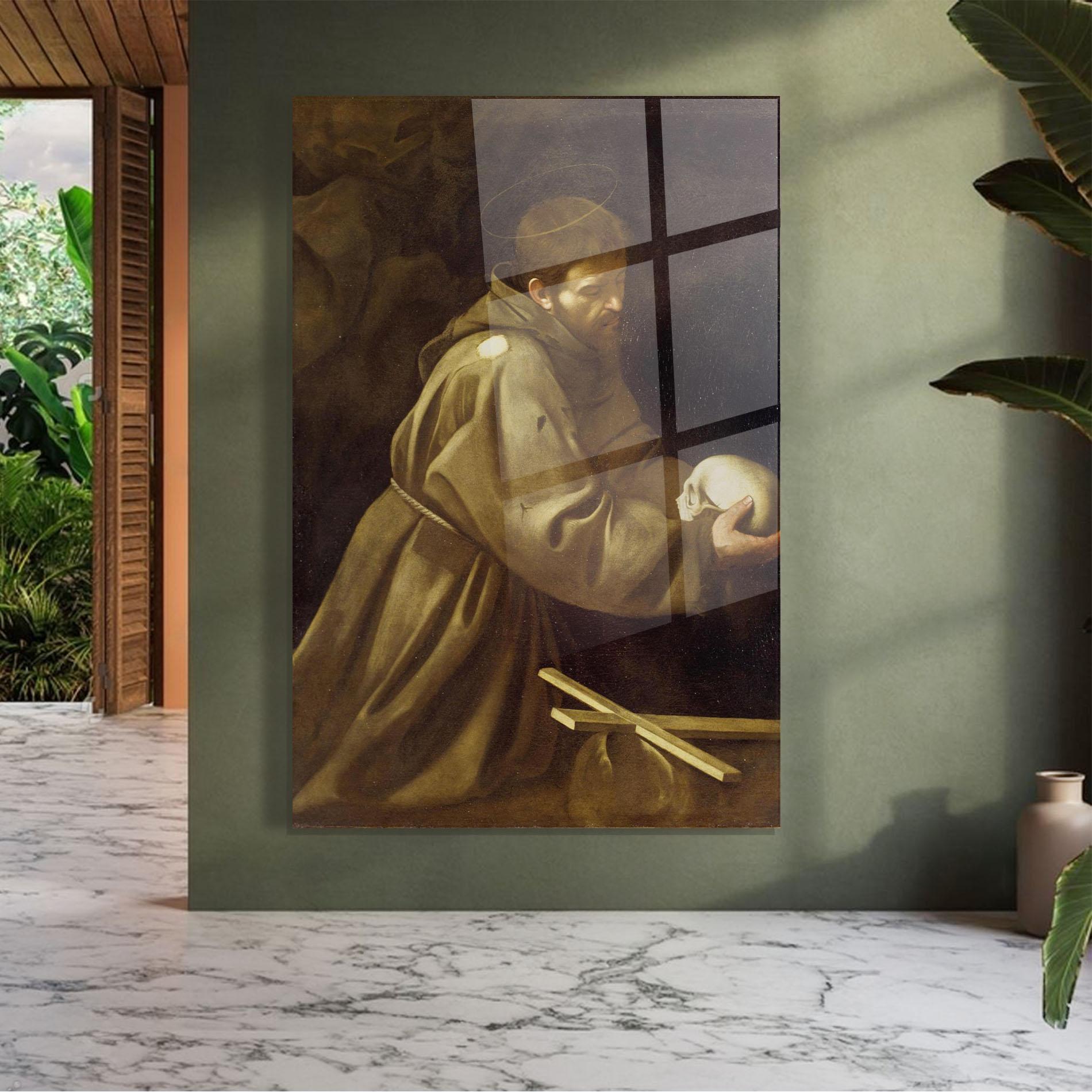 Tablou Sticla Caravaggio Francis Prayer mockup 7