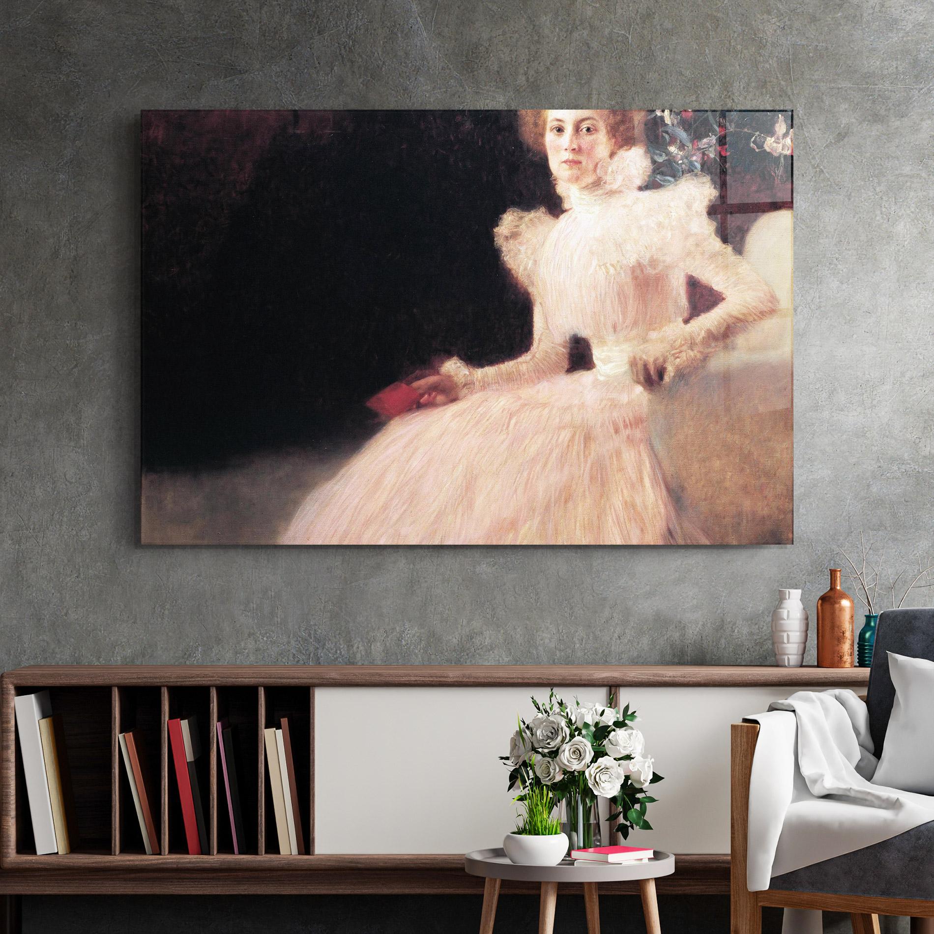 Tablou Sticla Gustav Klimt Pink Dress mockup 2