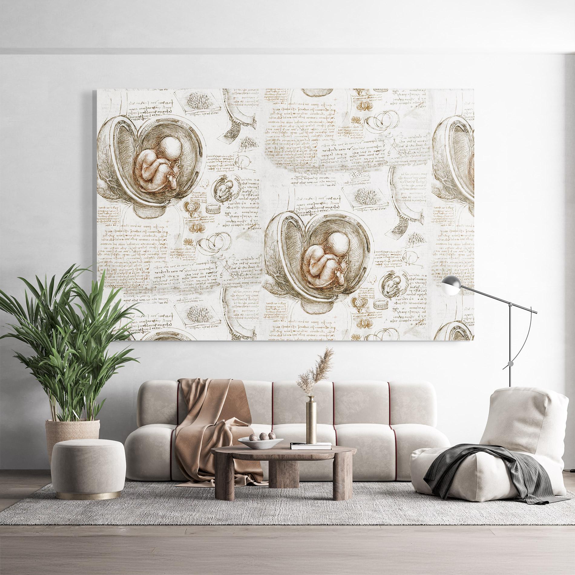 Tablou Sticla Leonardo Studies Of The Foetus mockup 9