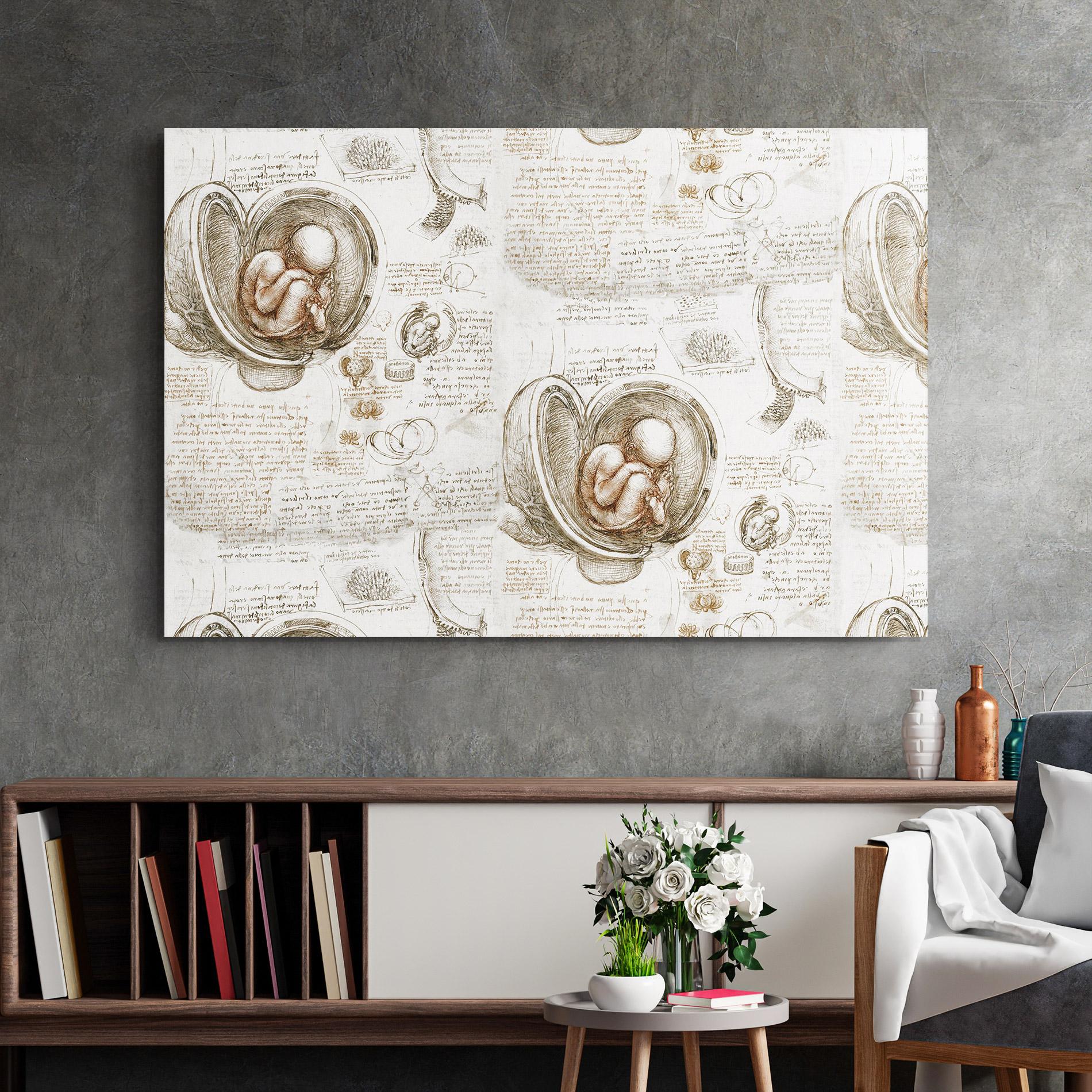 Tablou Sticla Leonardo Studies Of The Foetus mockup 2