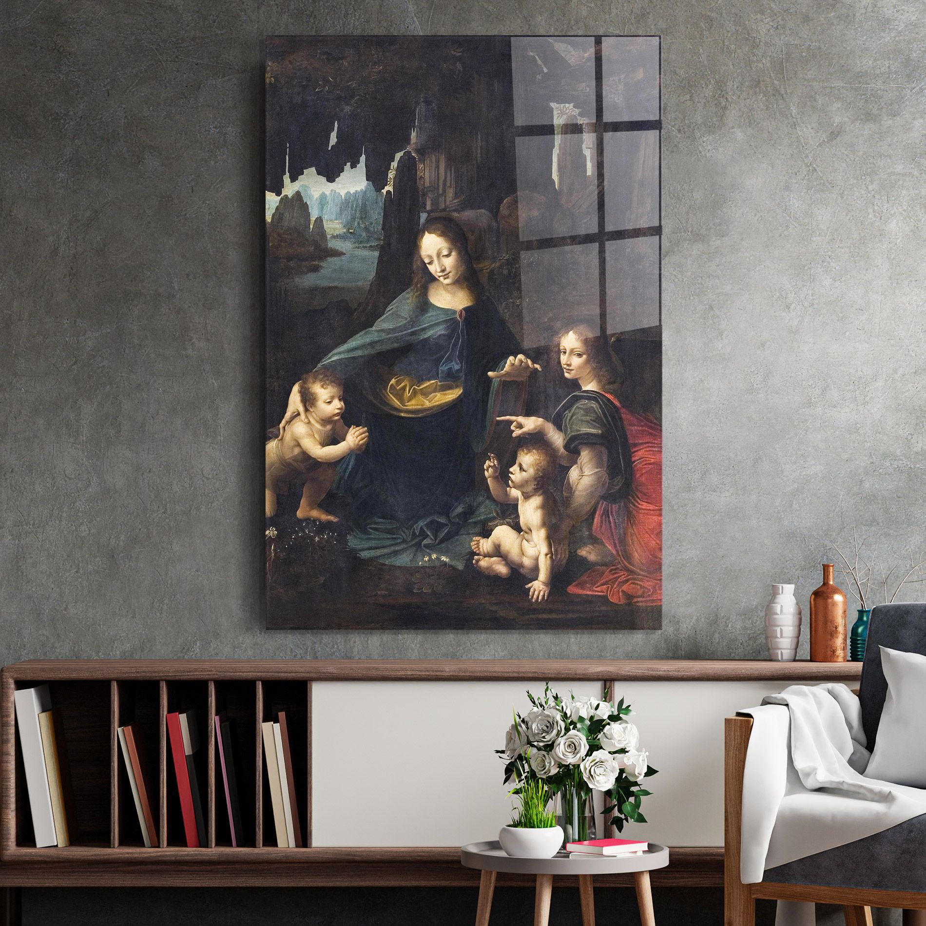 Tablou Sticla The Virgin Of The Rocks Leonardo Da Vinci