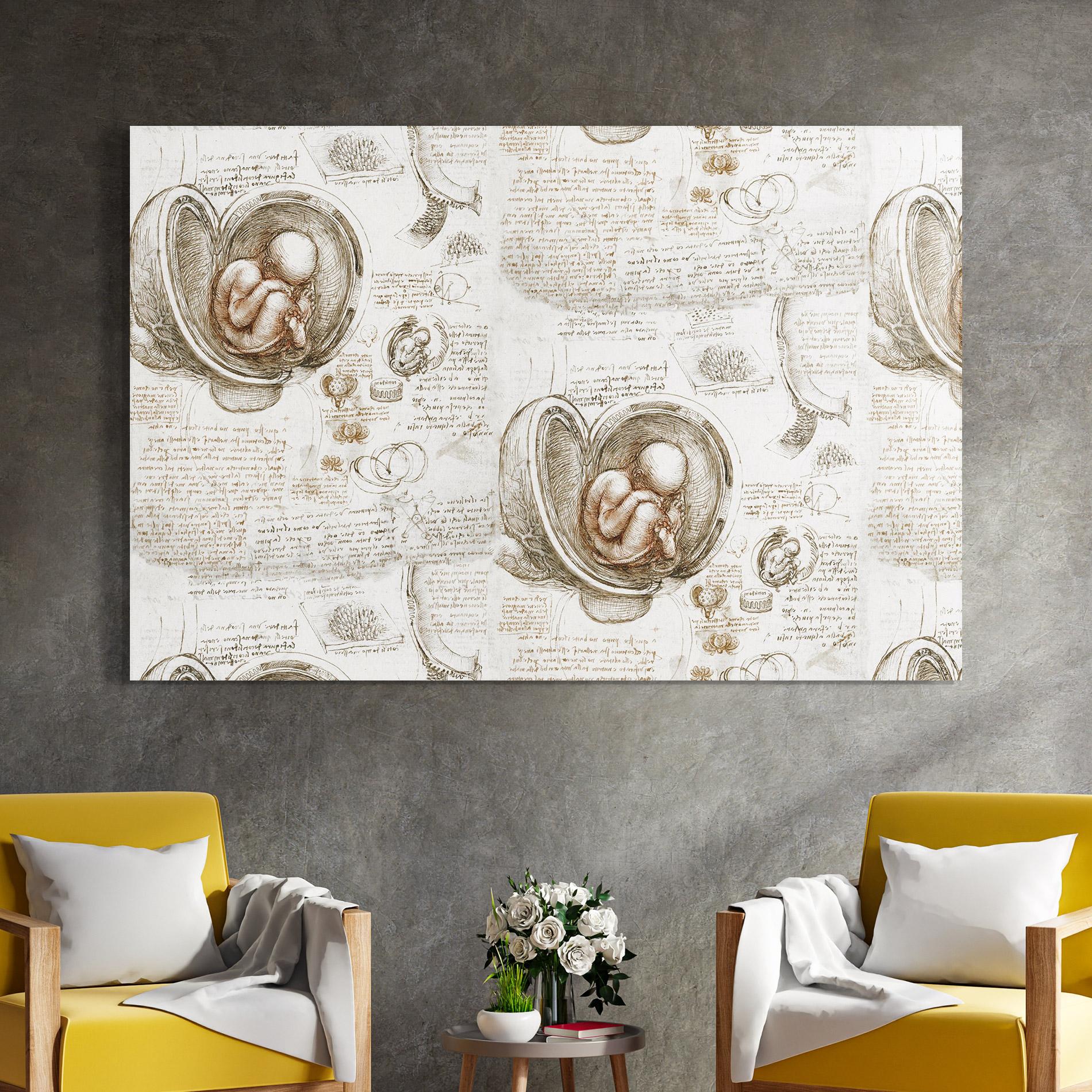 Tablou Sticla Leonardo Studies Of The Foetus mockup 4