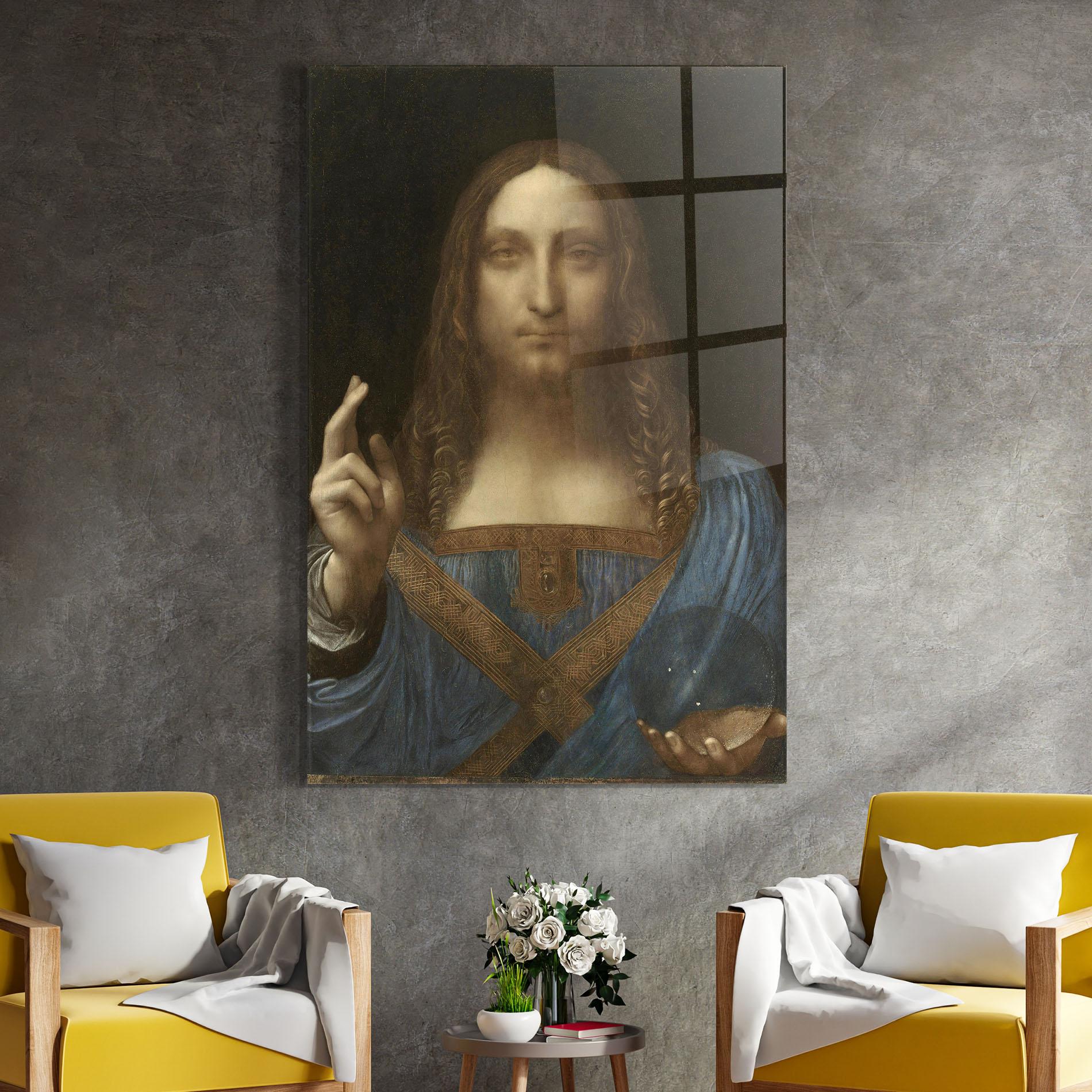 Tablou Sticla Leonardo Da Vinci Salvator Mundi mockup 4