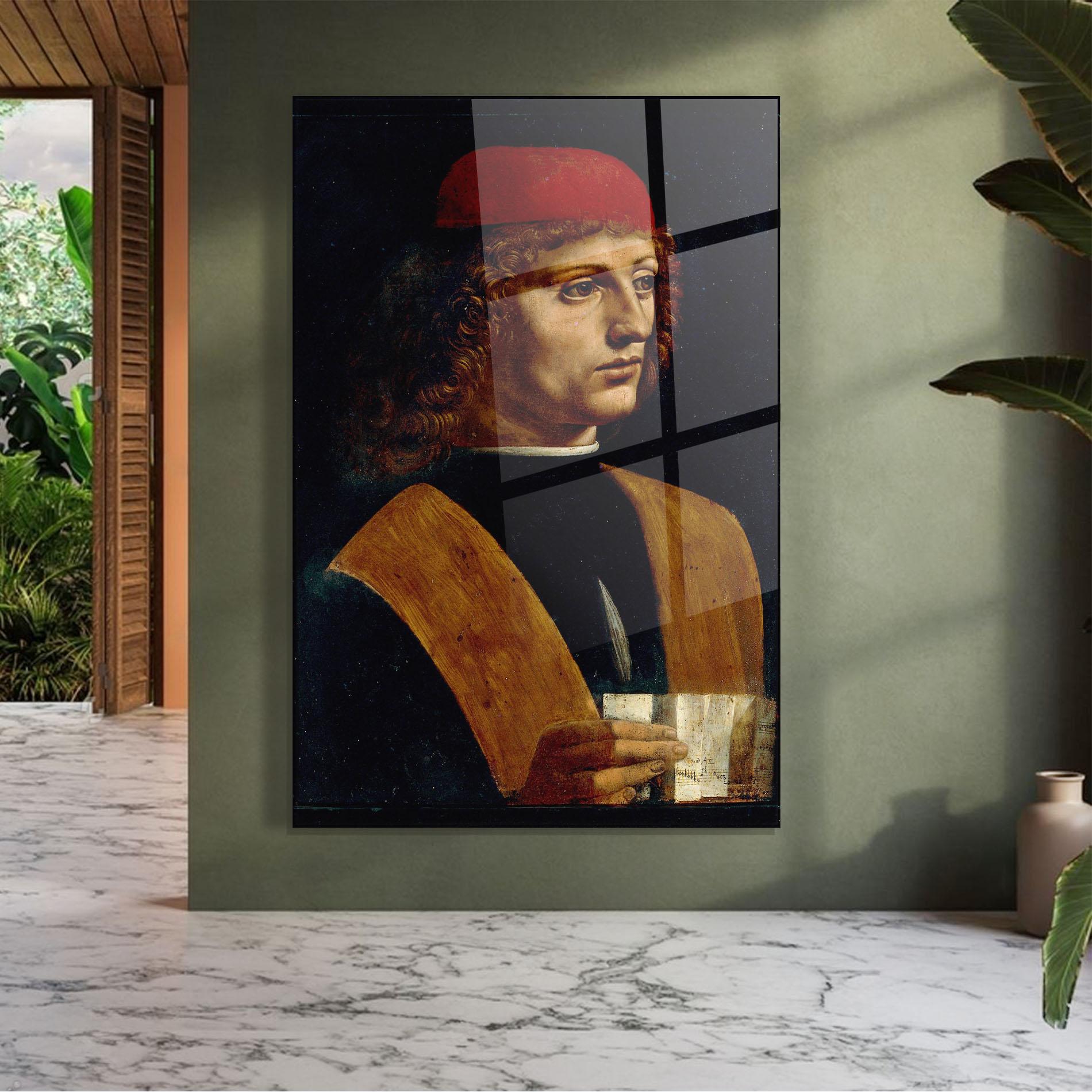 Tablou Sticla Leonardo Da Vinci Portrait Of A Musician Pinacoteca Ambrosiana mockup 7
