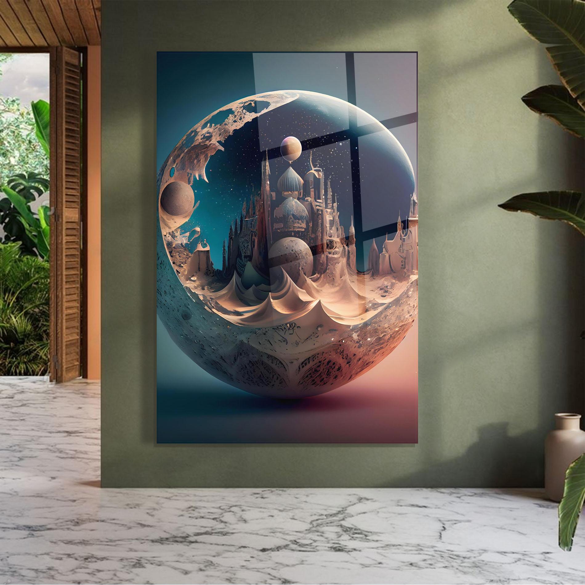 Tablou Sticla Fantasy Planet Castle mockup 7