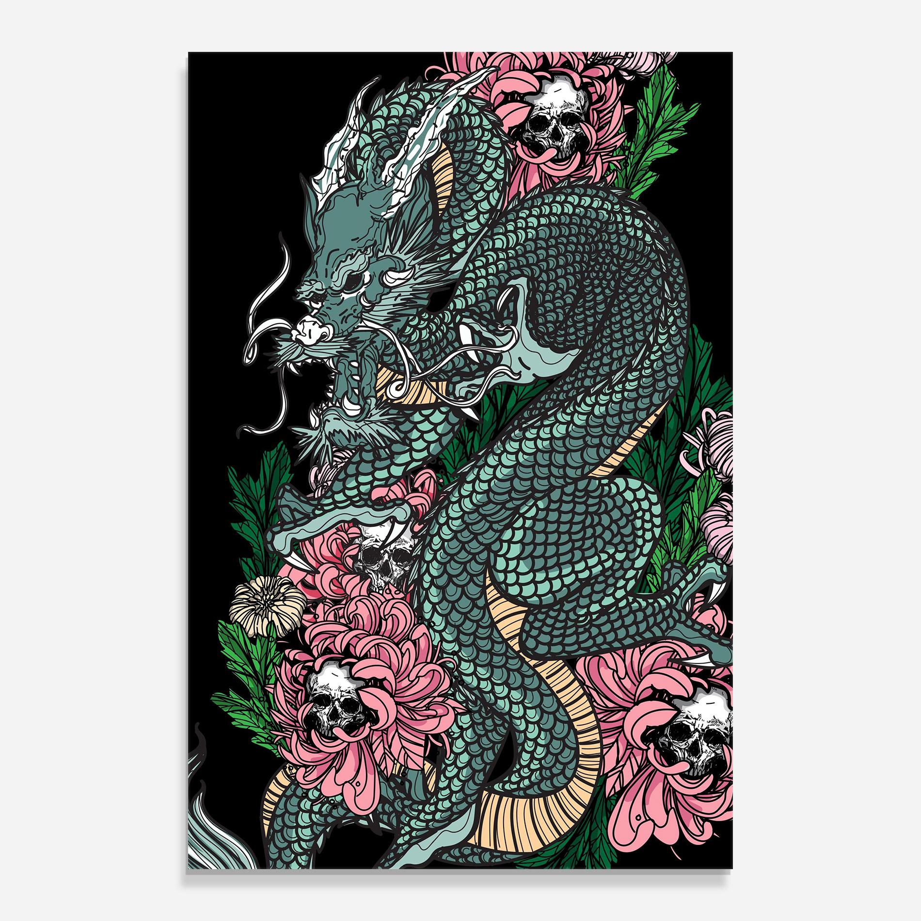Tablou Sticla Flower Skull Dragon mockup 0