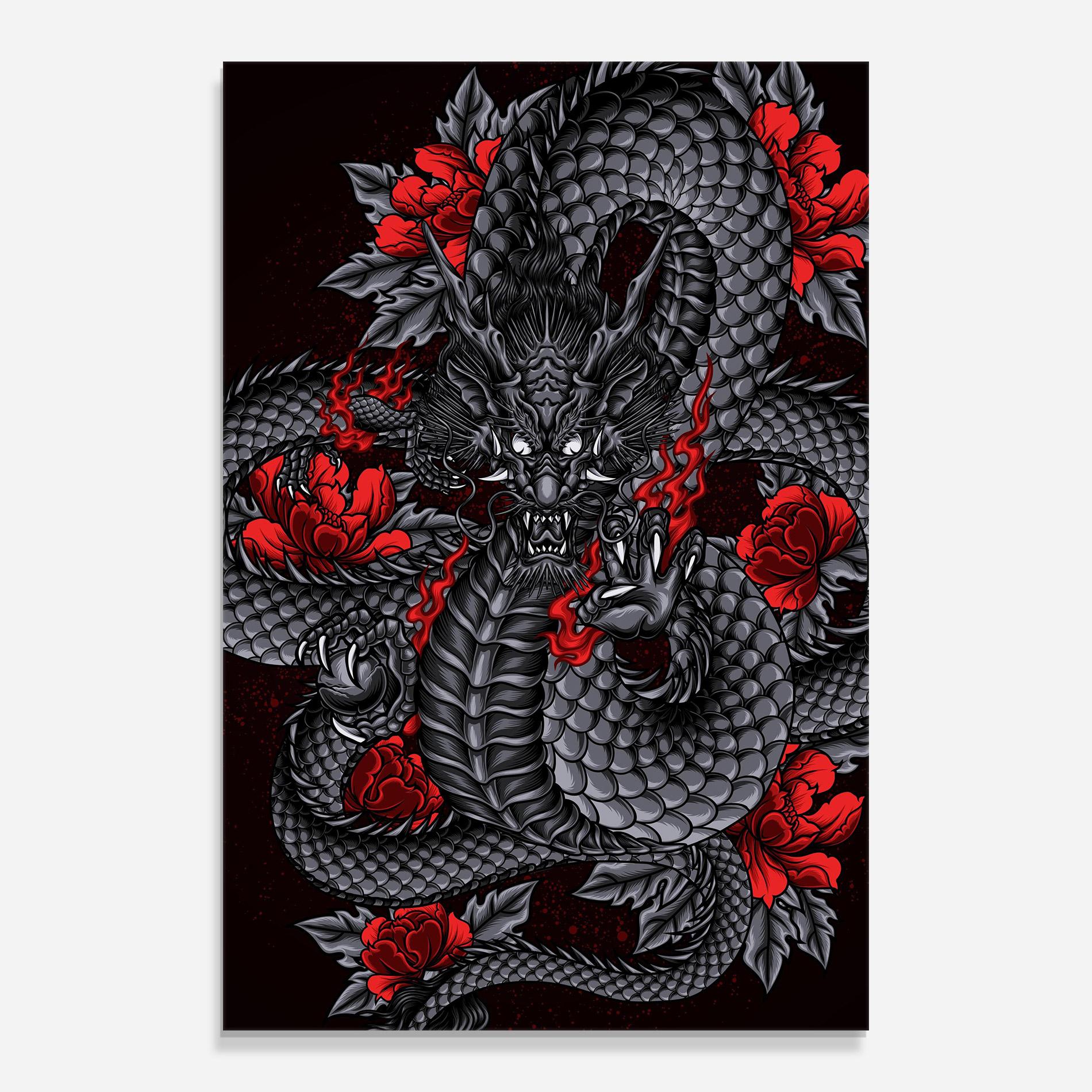 Tablou Sticla Red Flower Dragon mockup 0