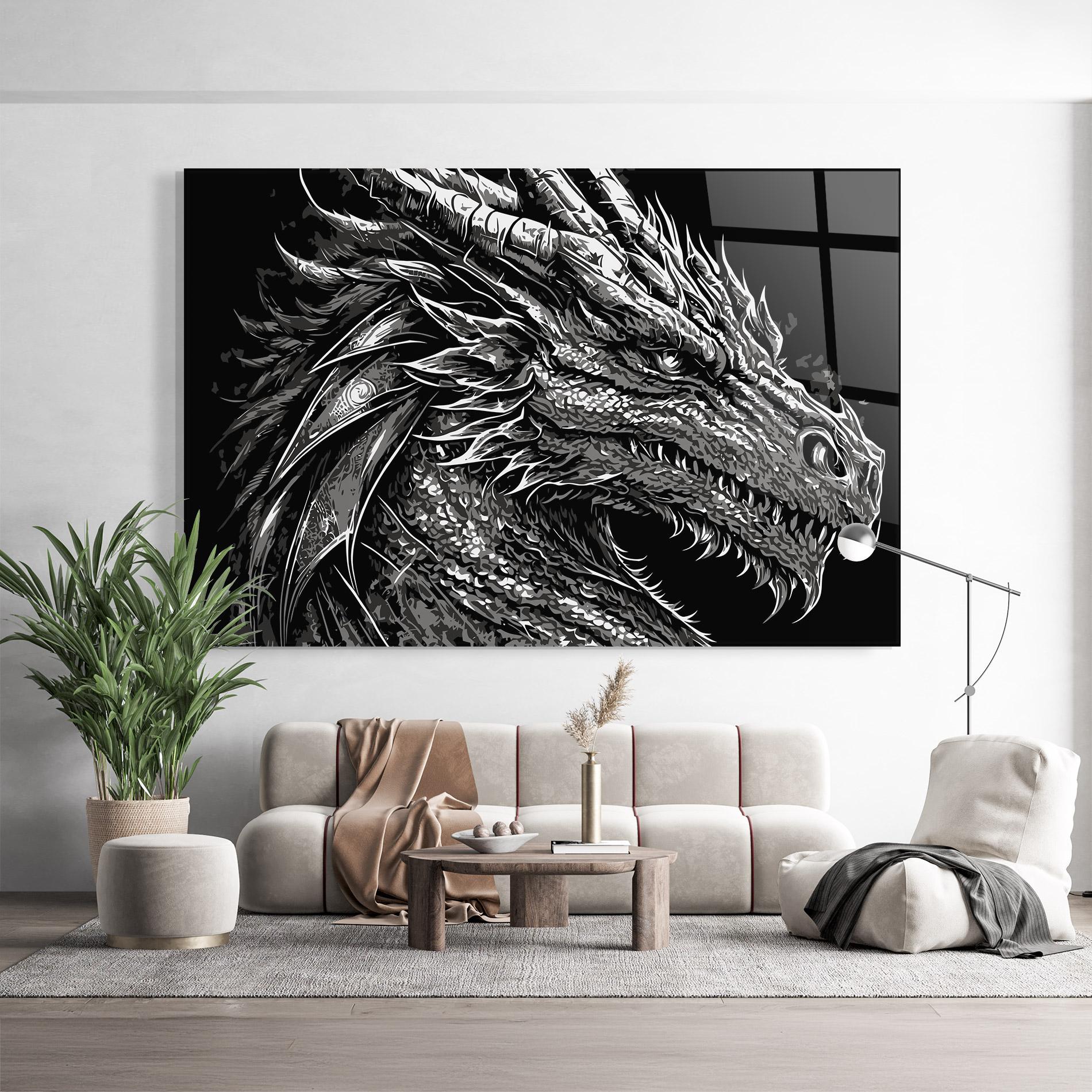 Tablou Sticla Grey White Dragon mockup 9