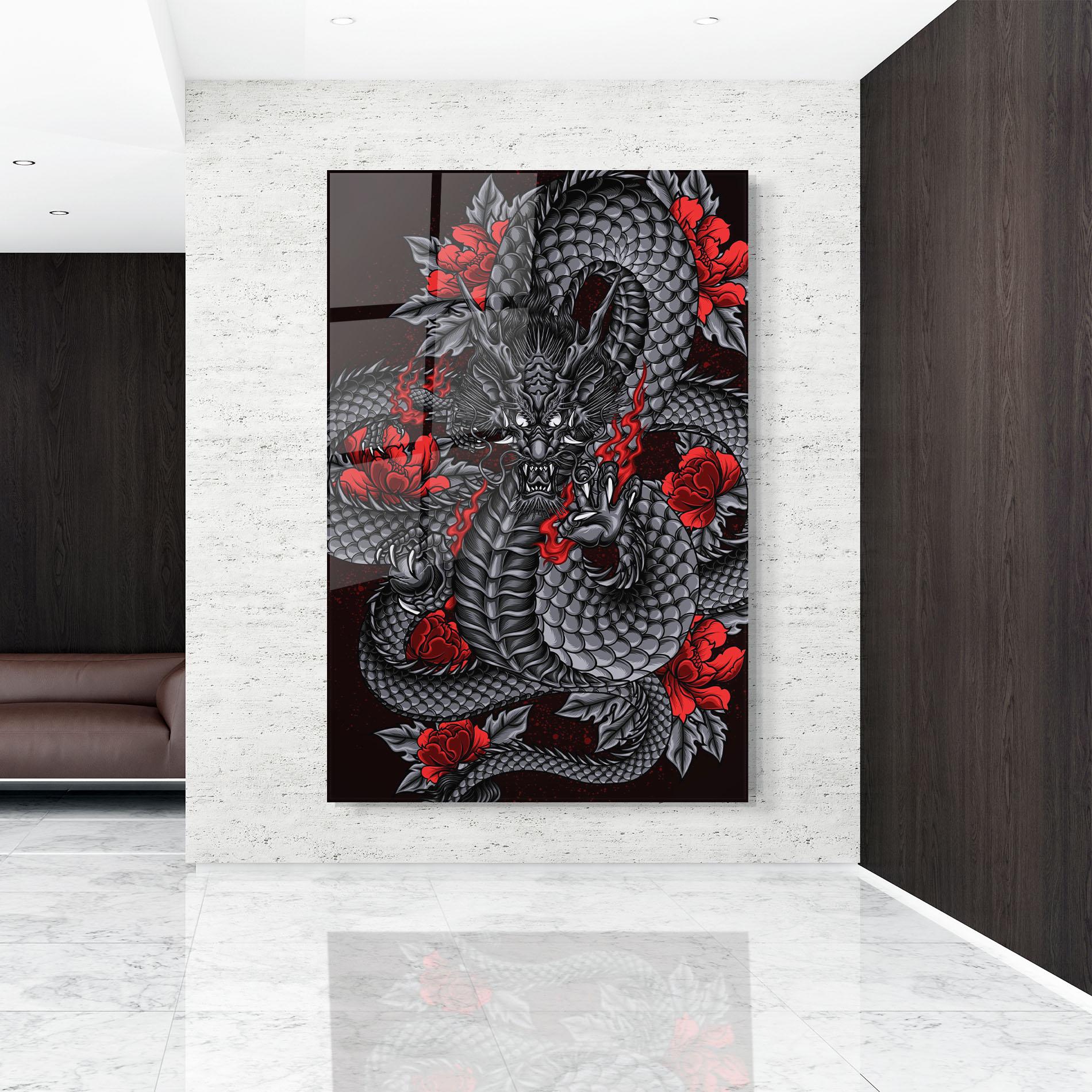 Tablou Sticla Red Flower Dragon mockup 9