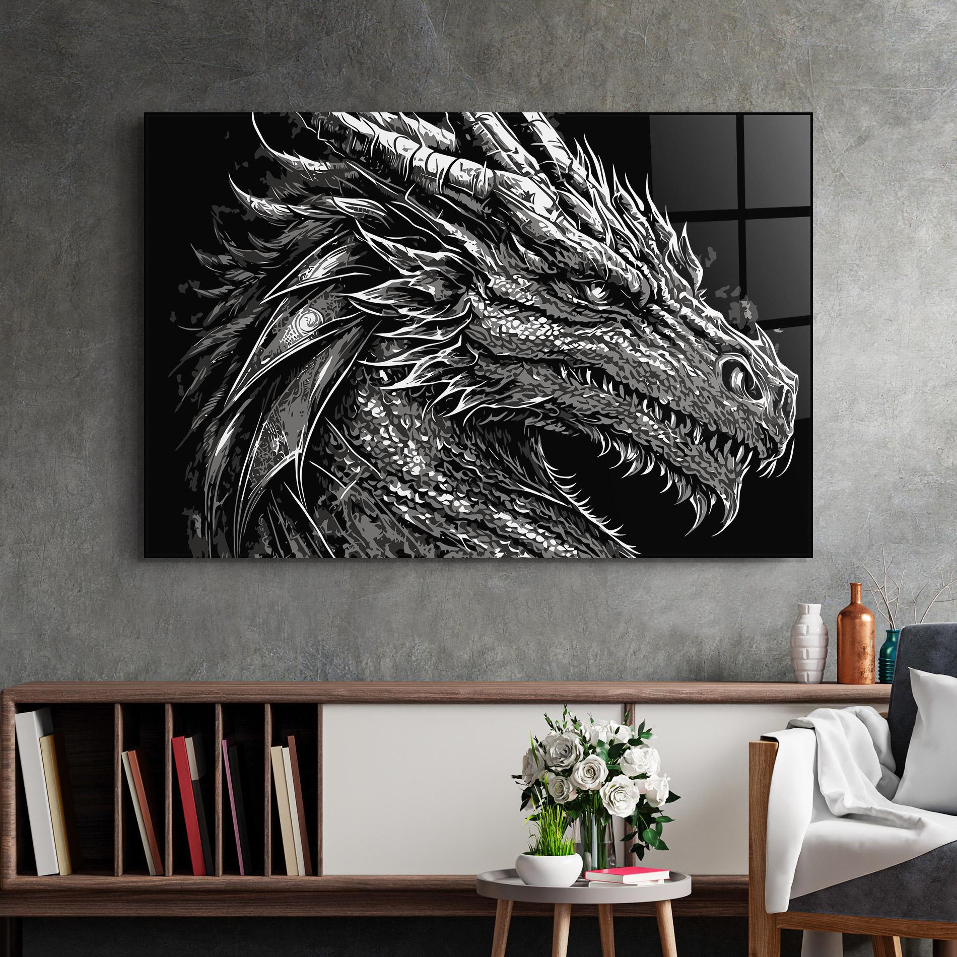 Tablou Sticla Grey White Dragon mockup 2