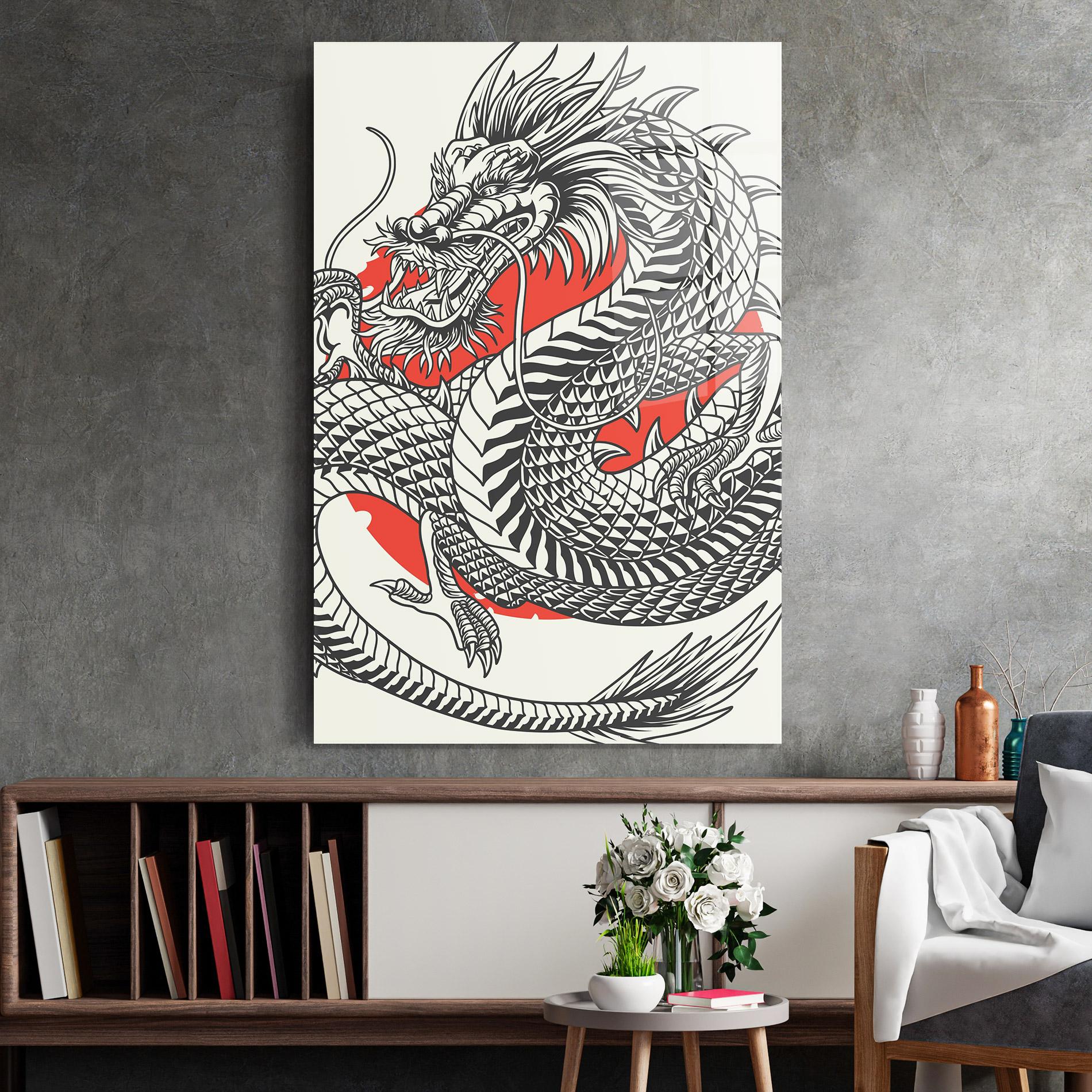 Tablou Sticla Cream Grey Dragon mockup 2