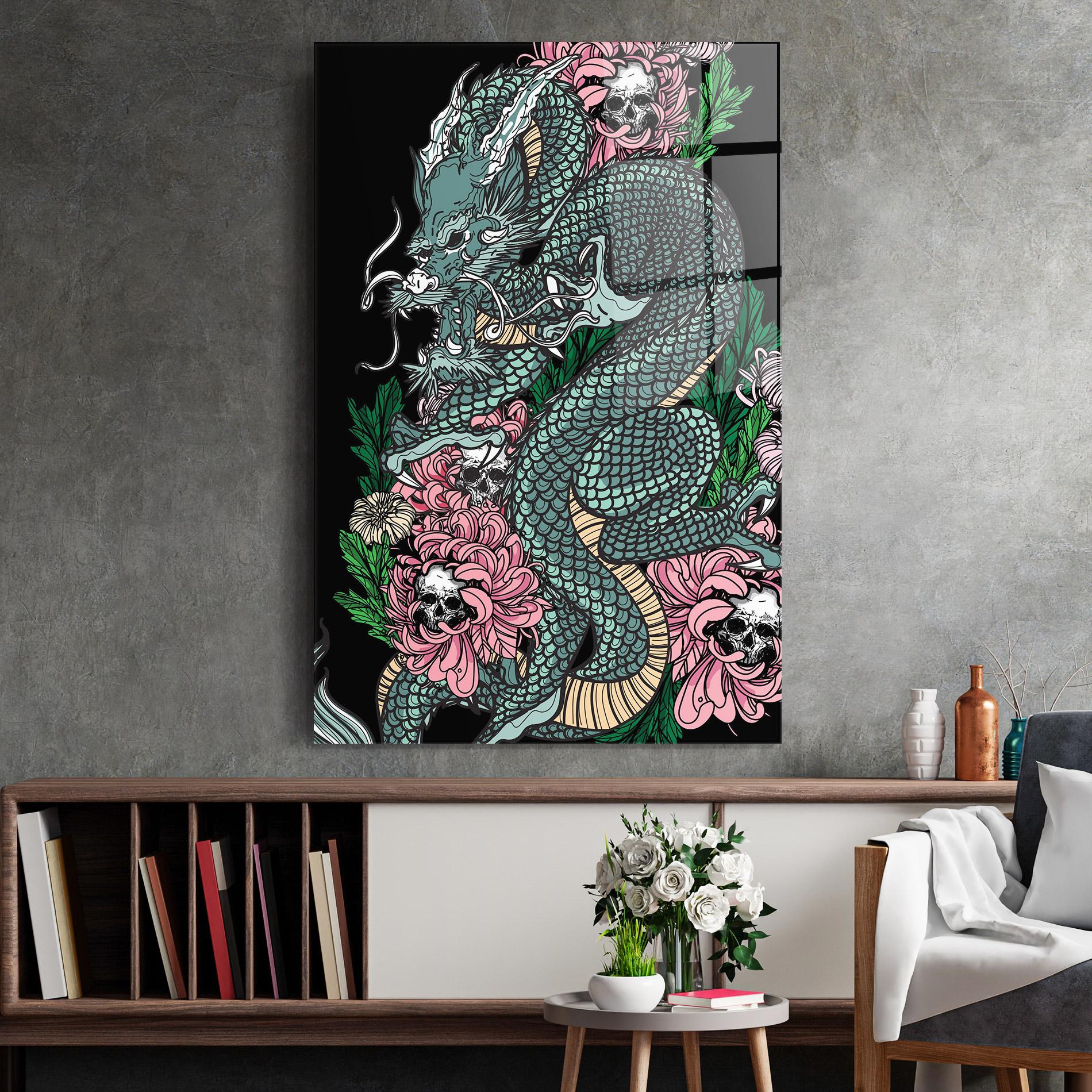 Tablou Sticla Flower Skull Dragon mockup 2