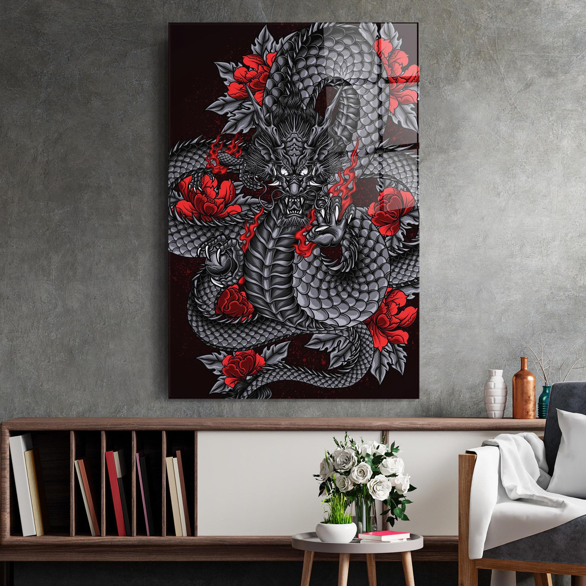 Tablou Sticla Red Flower Dragon mockup 2