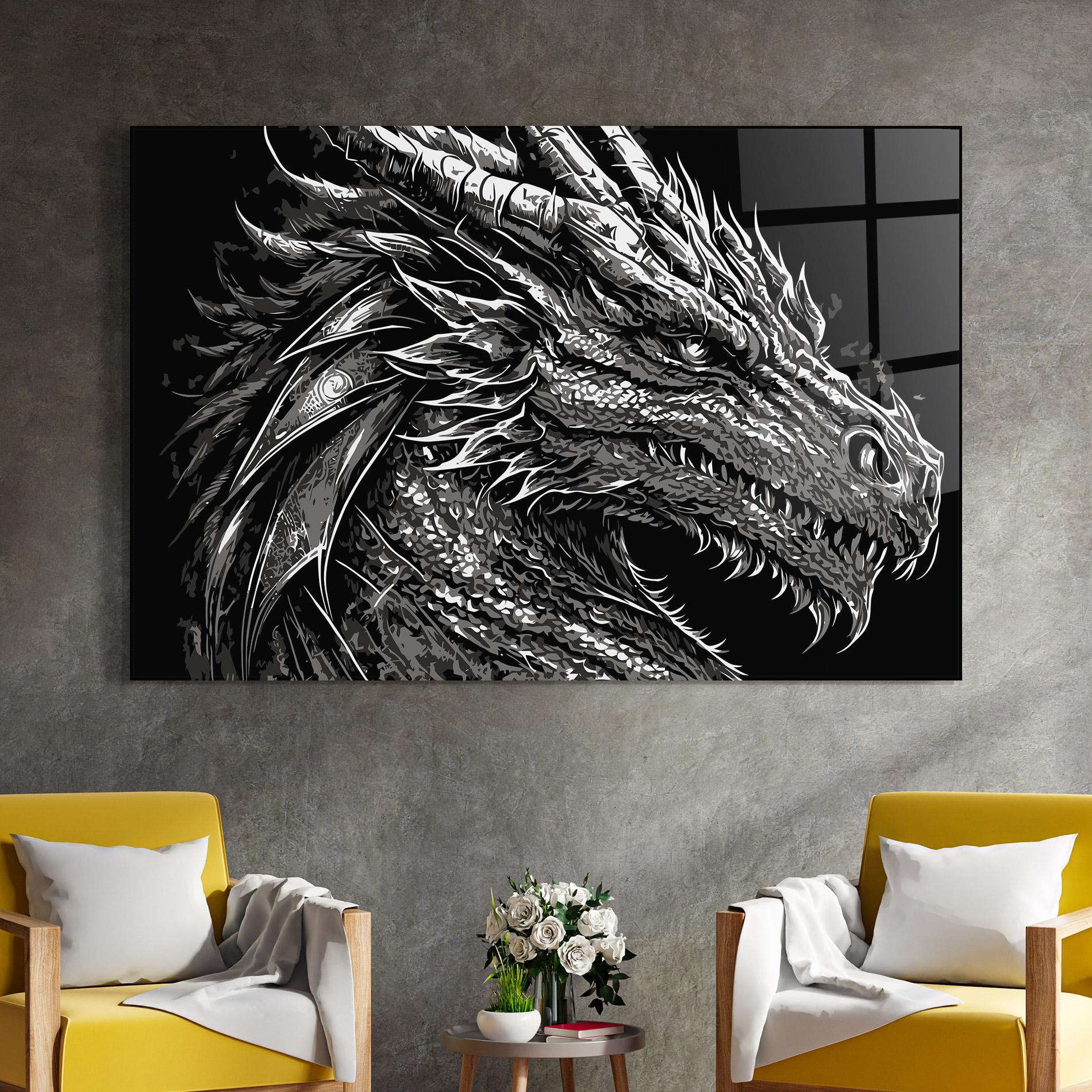 Tablou Sticla Grey White Dragon mockup 4
