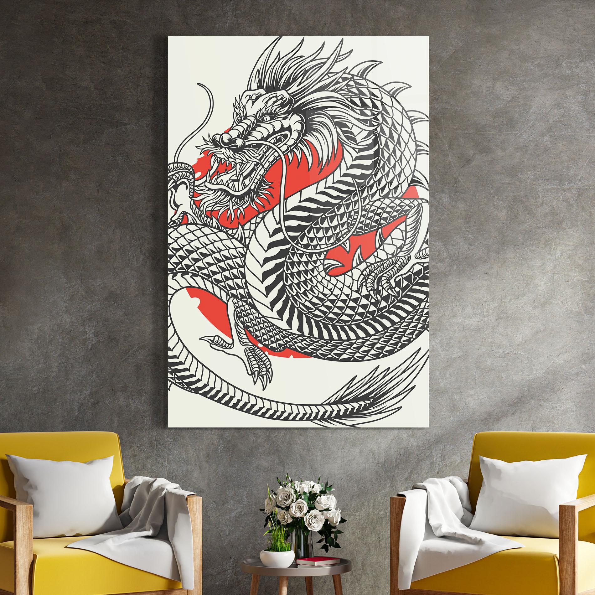Tablou Sticla Cream Grey Dragon mockup 4