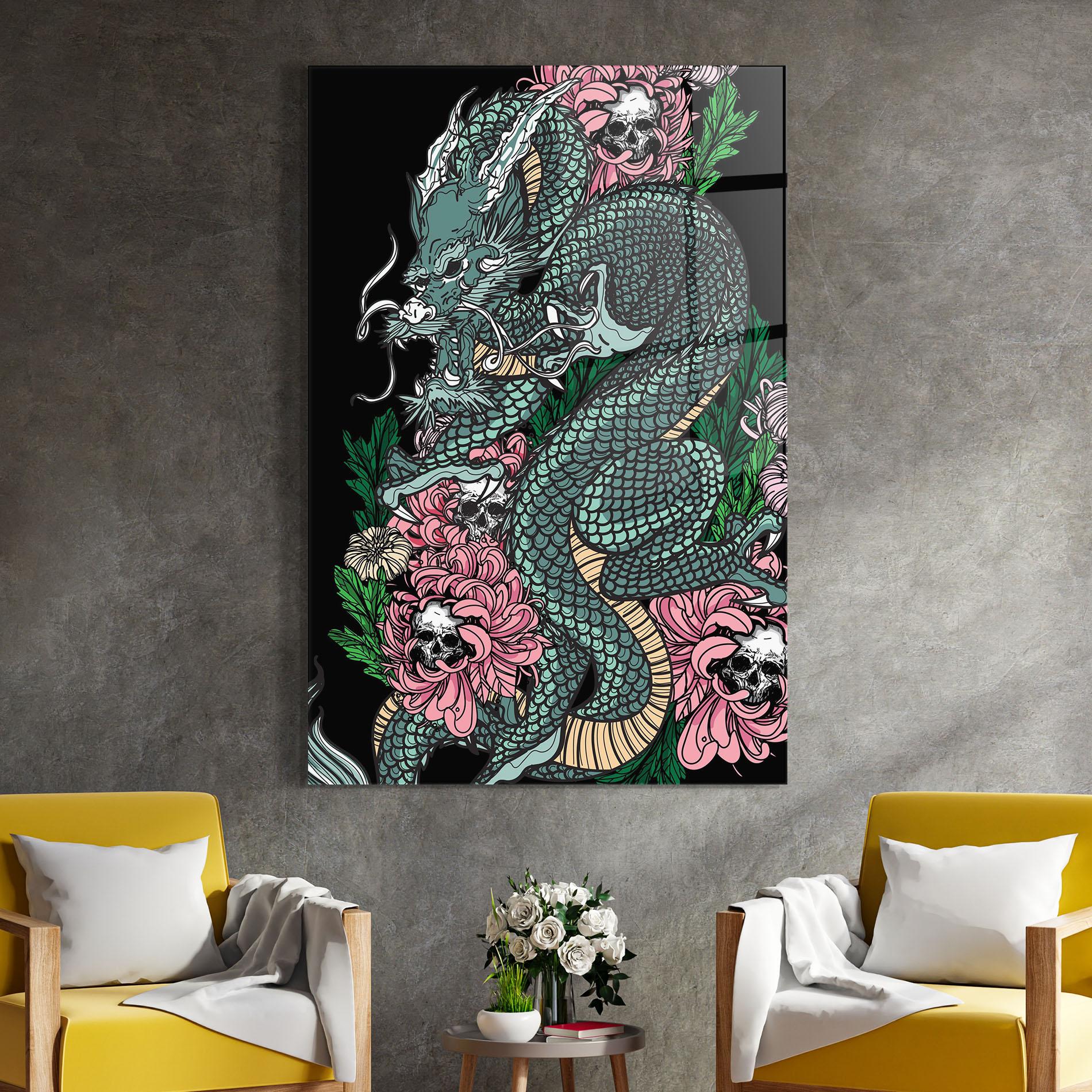 Tablou Sticla Flower Skull Dragon mockup 4