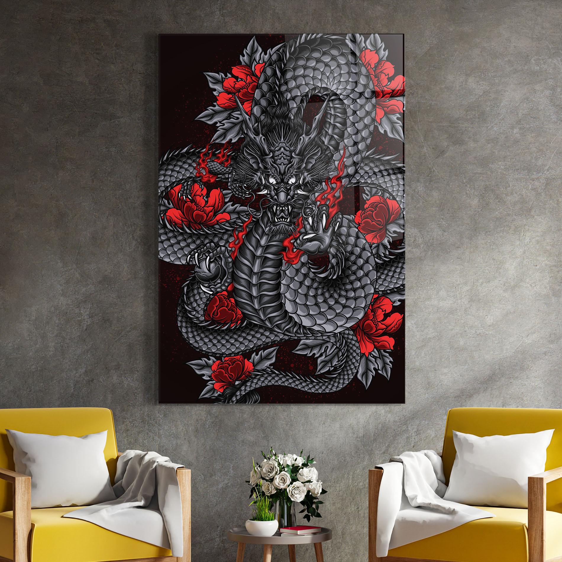Tablou Sticla Red Flower Dragon mockup 4