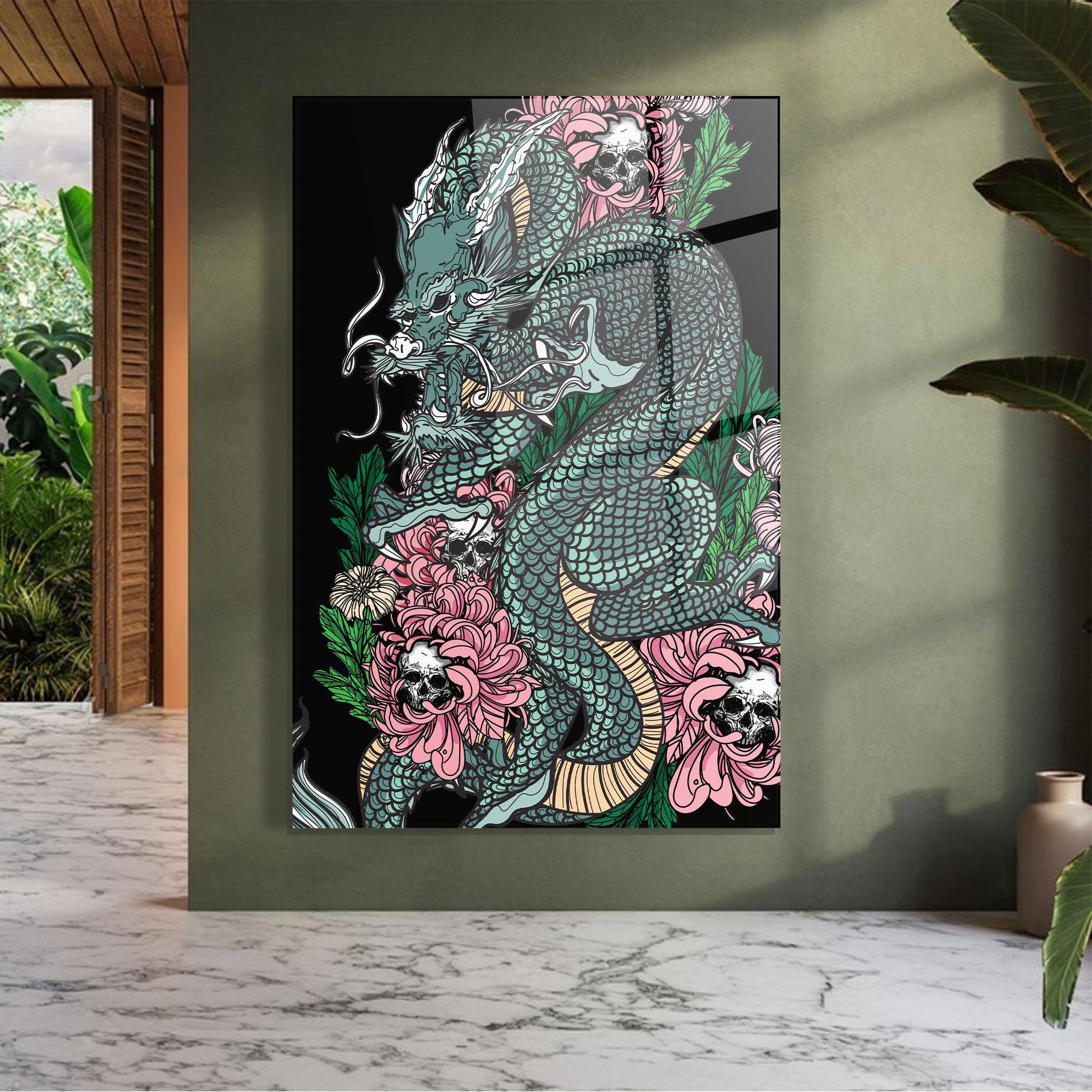 Tablou Sticla Flower Skull Dragon mockup 7