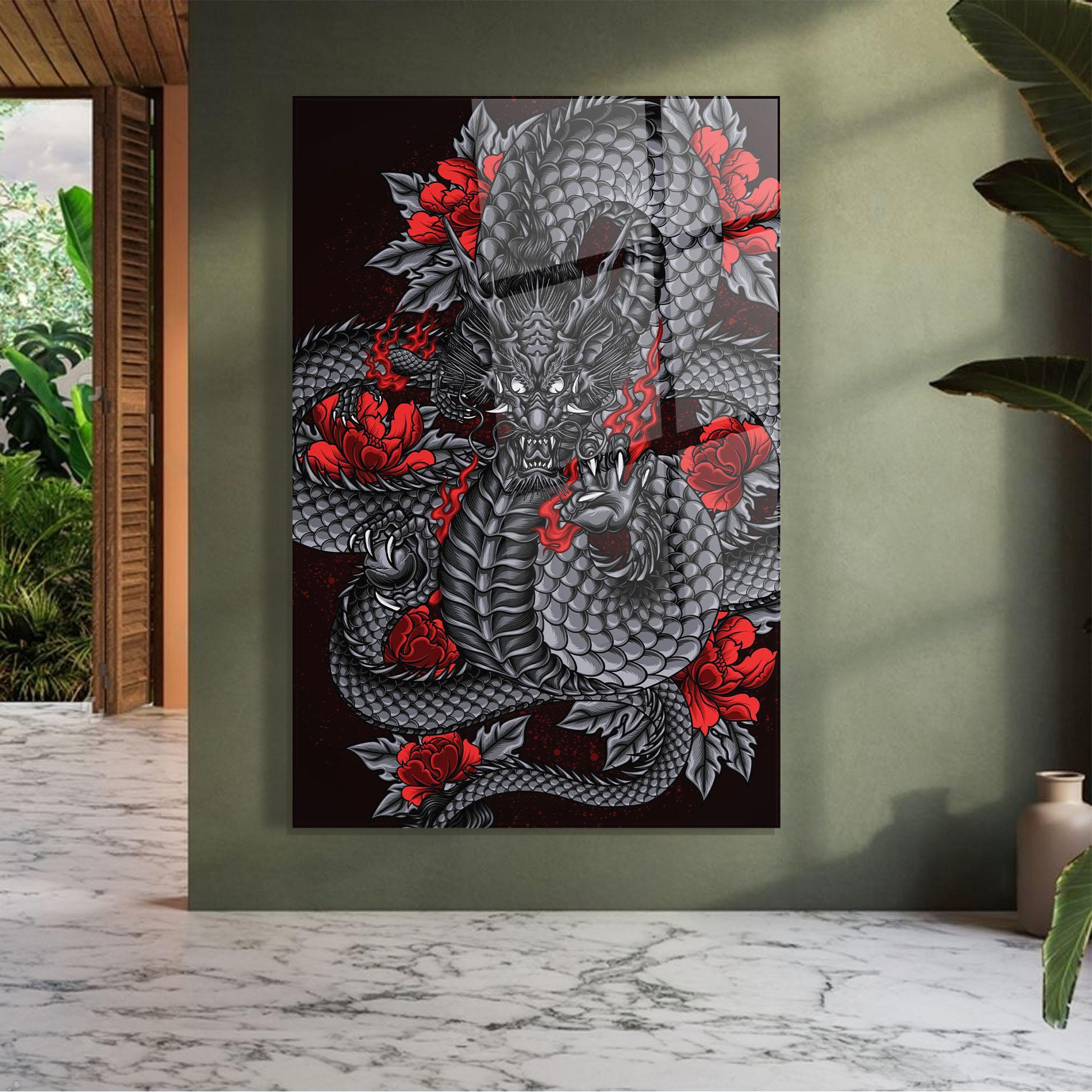 Tablou Sticla Red Flower Dragon mockup 7