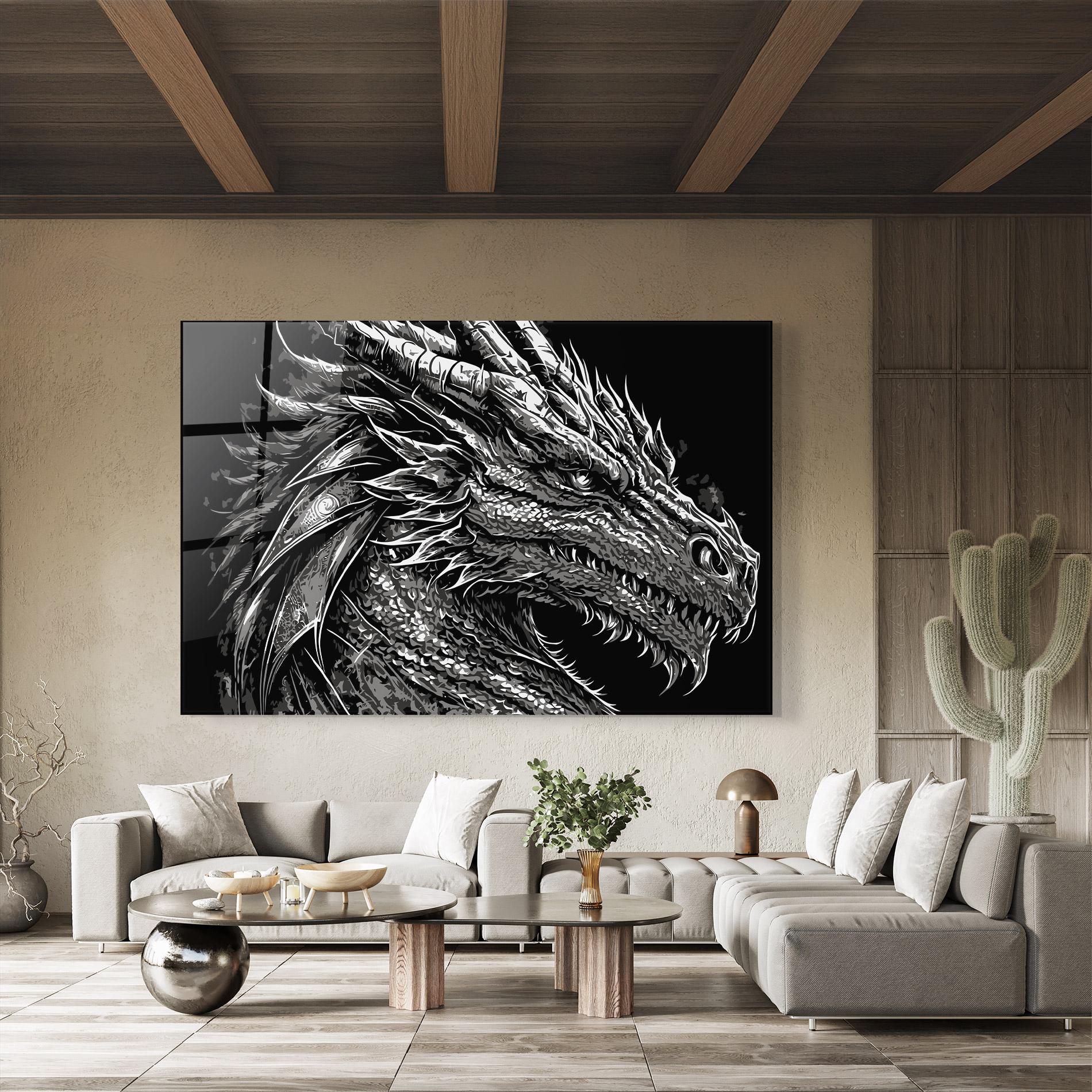 Tablou Sticla Grey White Dragon mockup 8