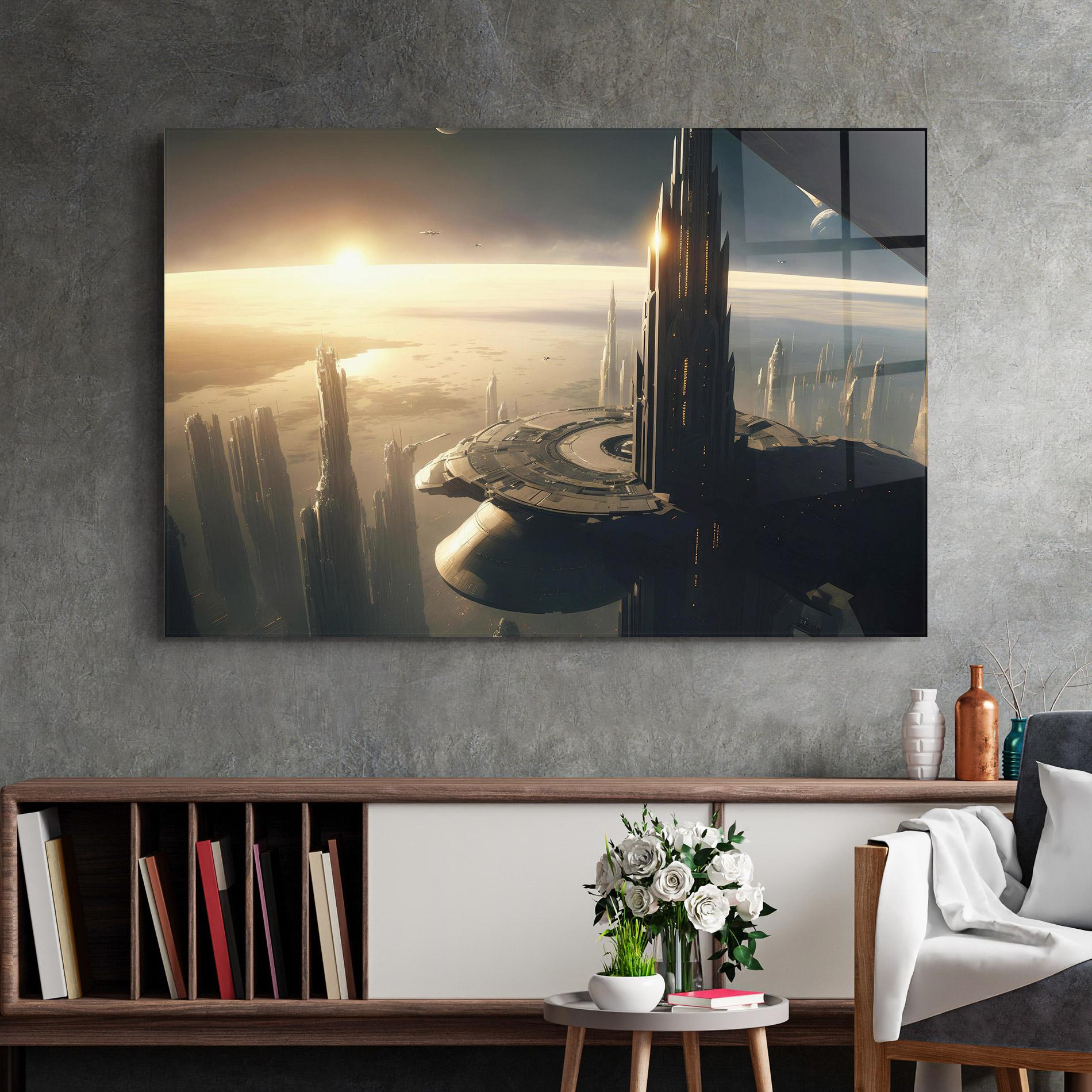 Tablou Sticla Fantasy Futuristic Cityscape mockup 2