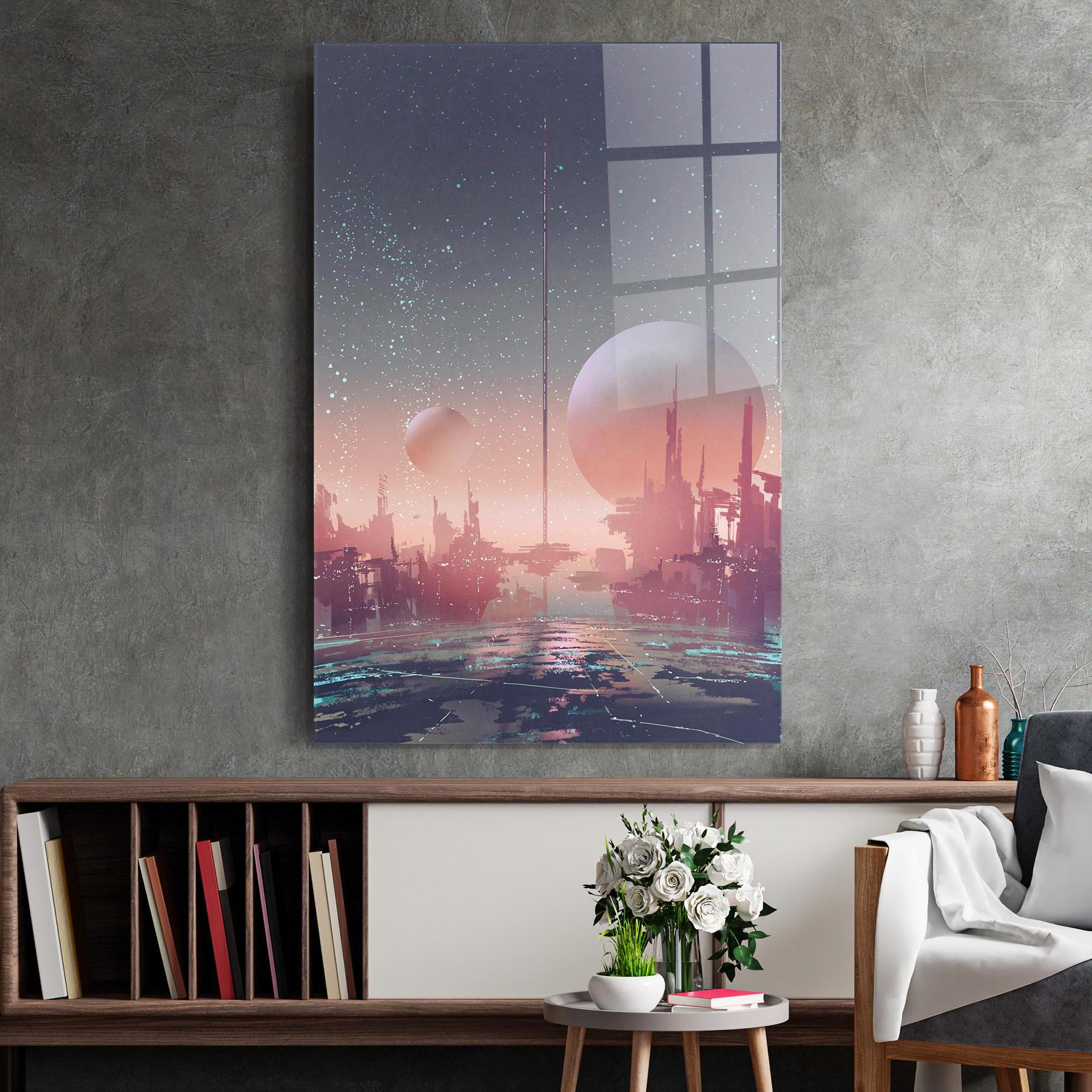 Tablou Sticla Futuristic Alien Buildings mockup 2