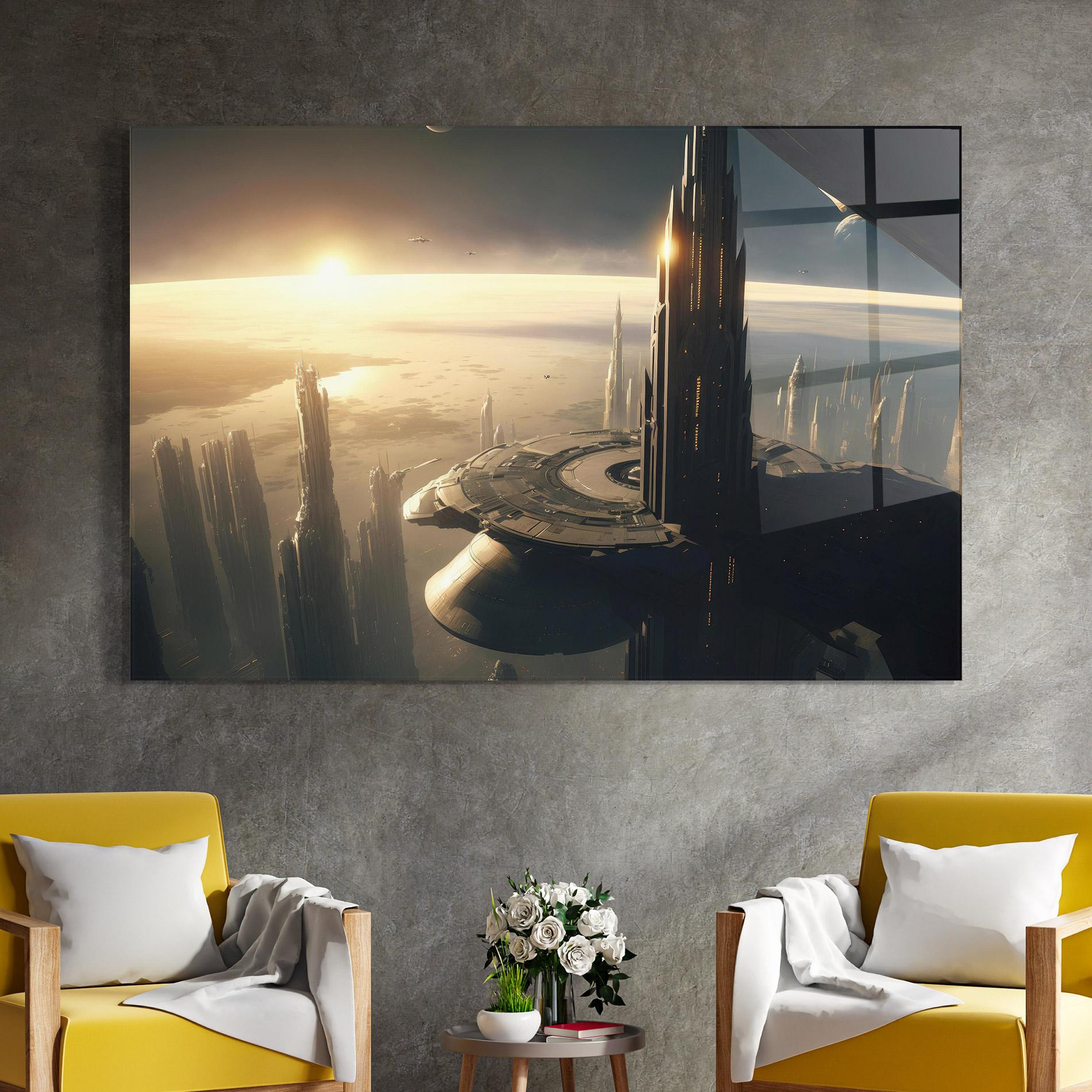 Tablou Sticla Fantasy Futuristic Cityscape mockup 4