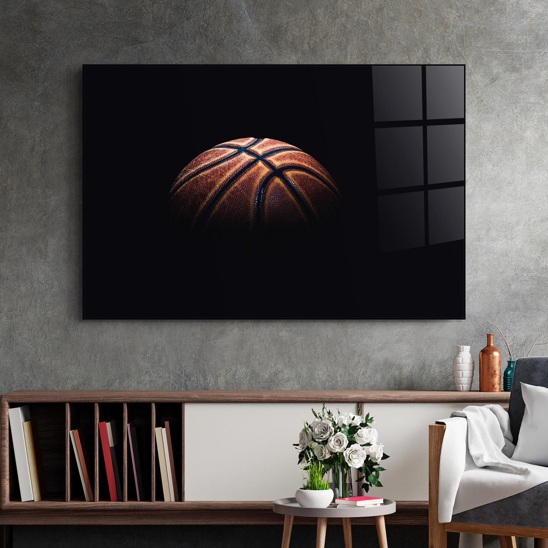 Tablou Sticla Basketball Ball In Dark mockup 2