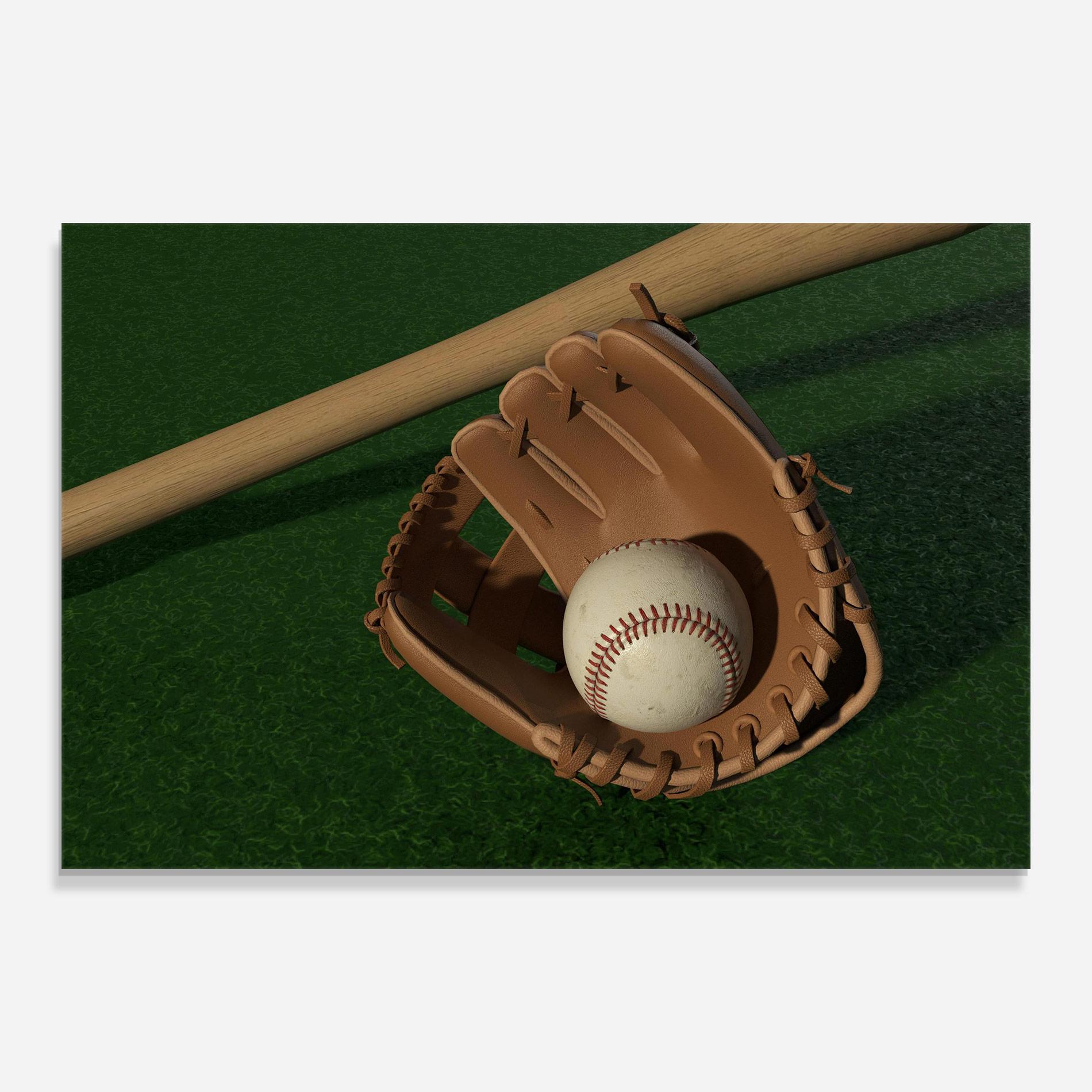Tablou Sticla Baseball Glove On Green mockup 0