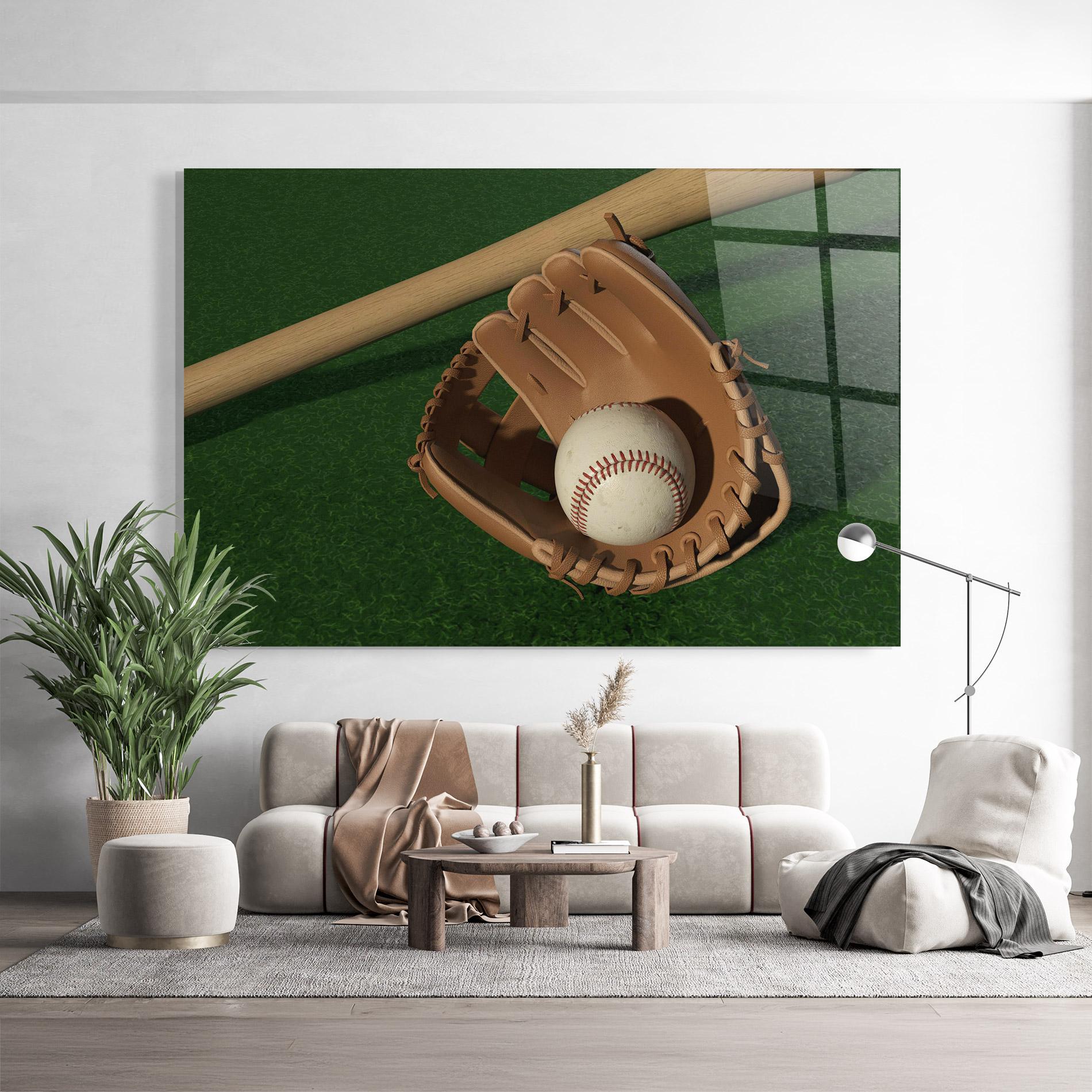 Tablou Sticla Baseball Glove On Green mockup 9
