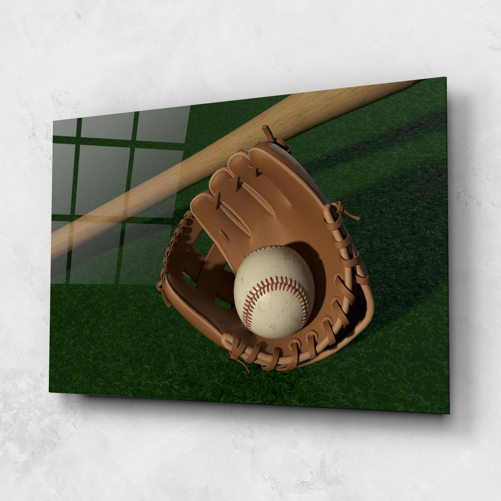 Tablou Sticla Baseball Glove On Green mockup 1