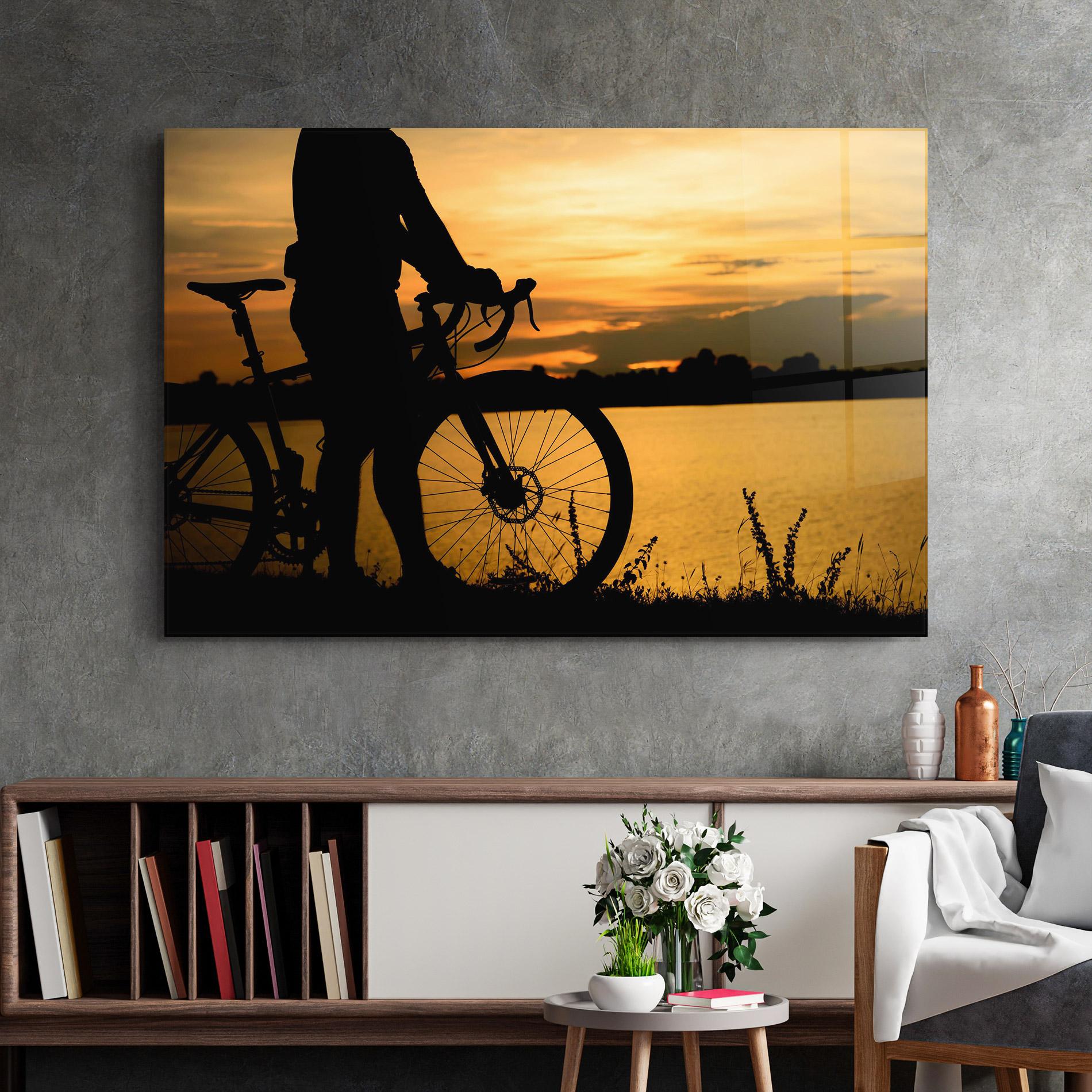 Tablou Sticla Bicycle Sunset Silhouette mockup 2