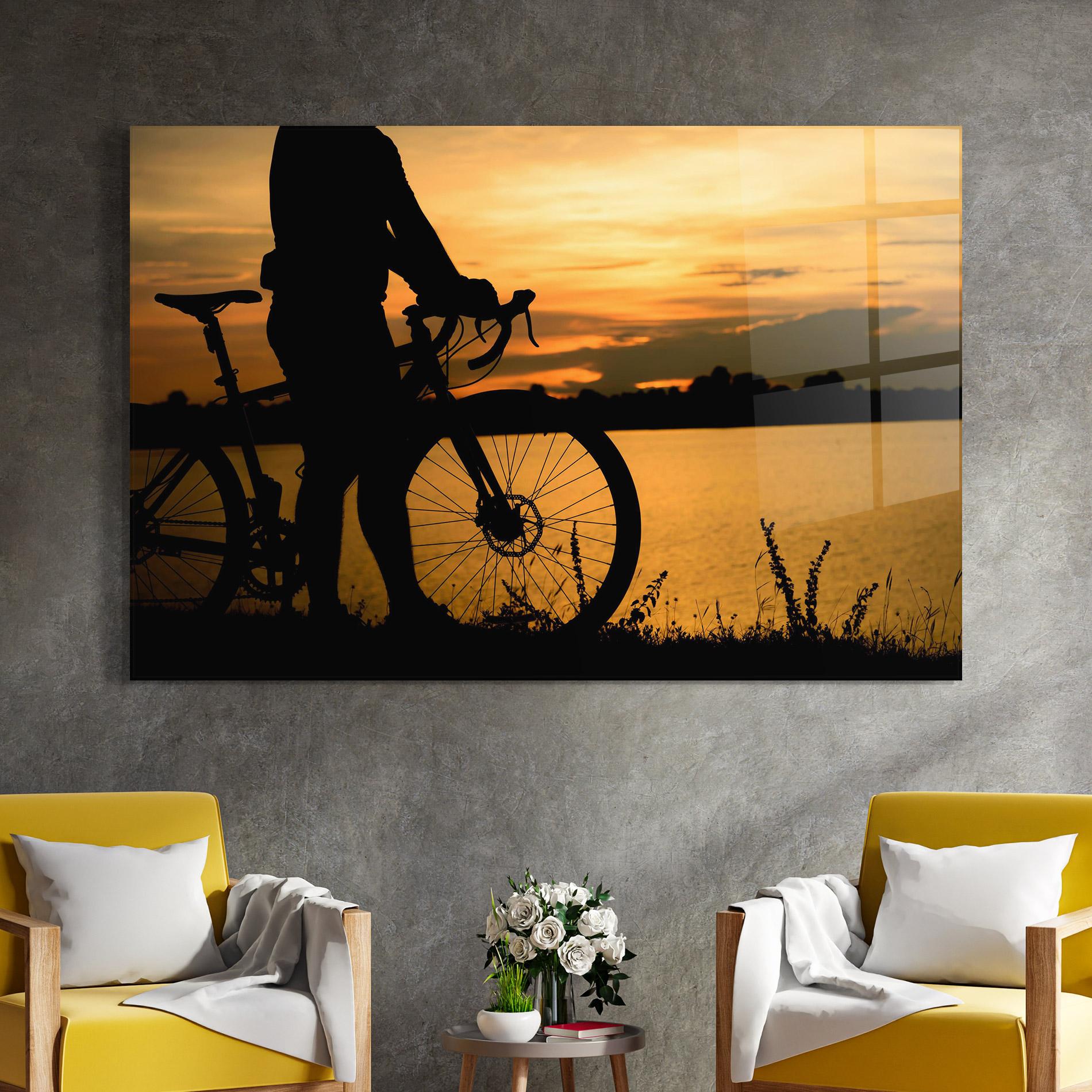 Tablou Sticla Bicycle Sunset Silhouette mockup 4