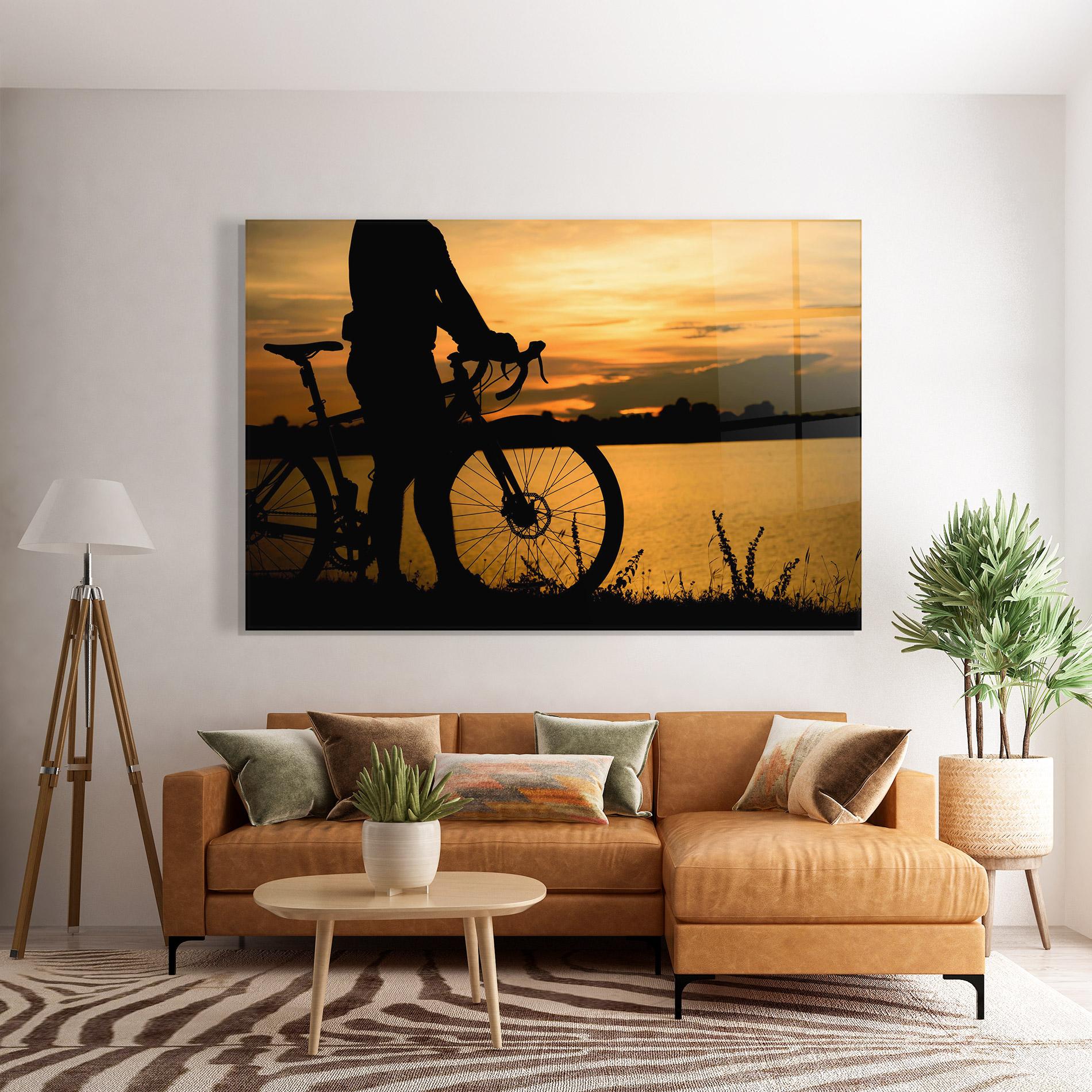 Tablou Sticla Bicycle Sunset Silhouette mockup 7