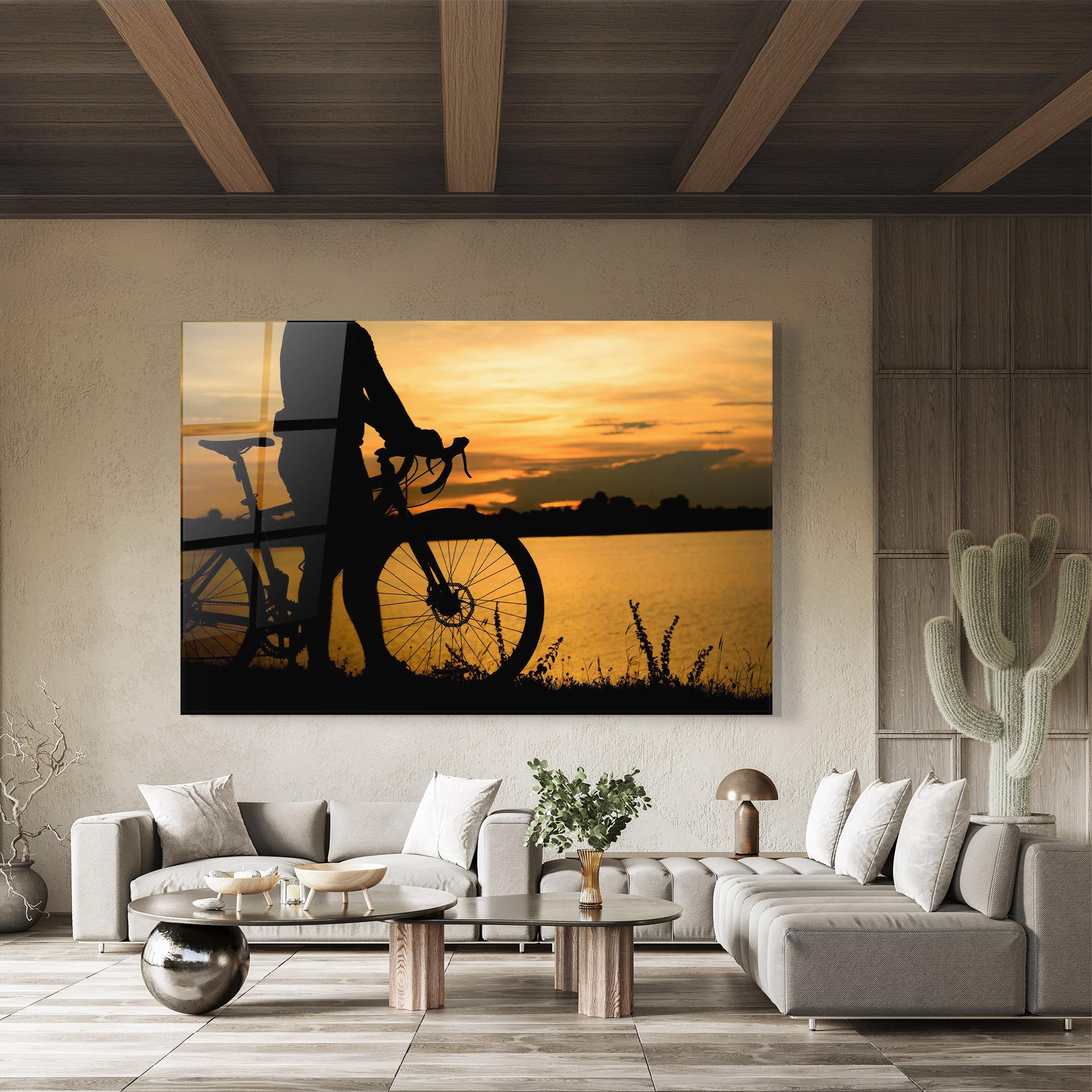 Tablou Sticla Bicycle Sunset Silhouette mockup 8